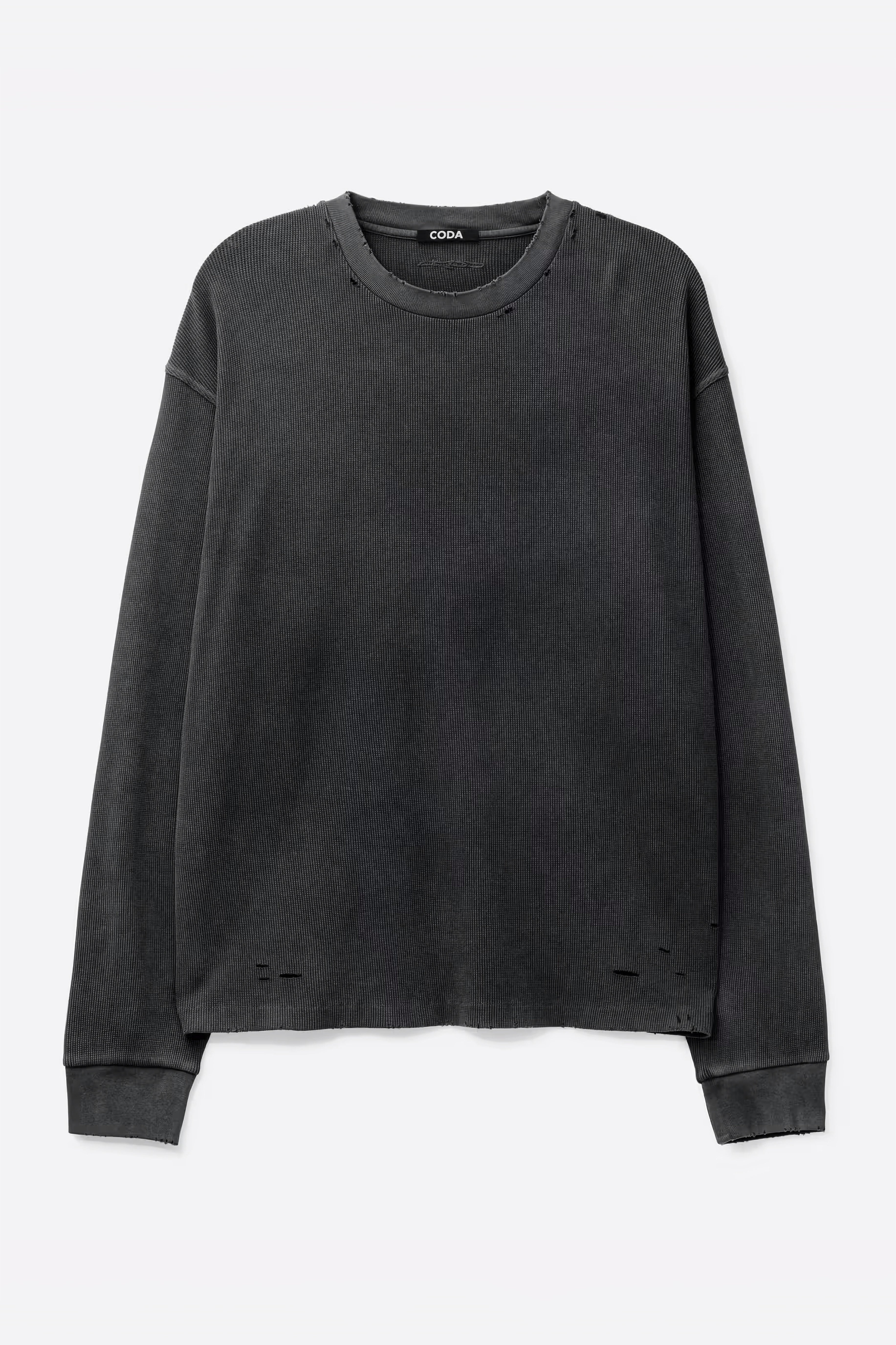 Load image into Gallery viewer, FADED BLACK AGING DAMAGED LONG SLEEVE WAFFLE TOPS