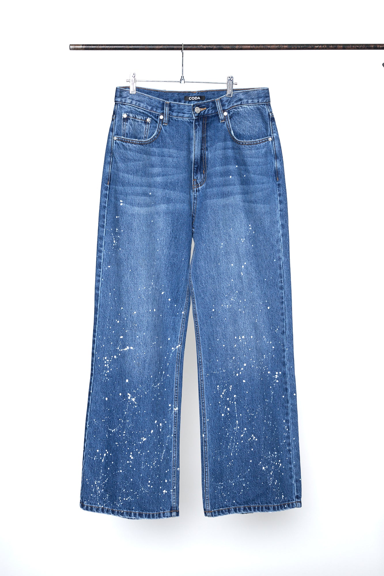 INDIGO WASHED SPLATTER DISTRESSED EXTENDED CUT FLARED JEANS