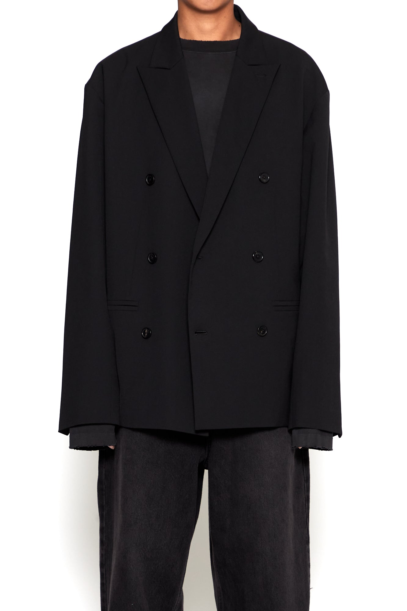 Load image into Gallery viewer, BLACK WOOL POLY GABARDINE DOUBLE BREASTED LENTO JACKET
