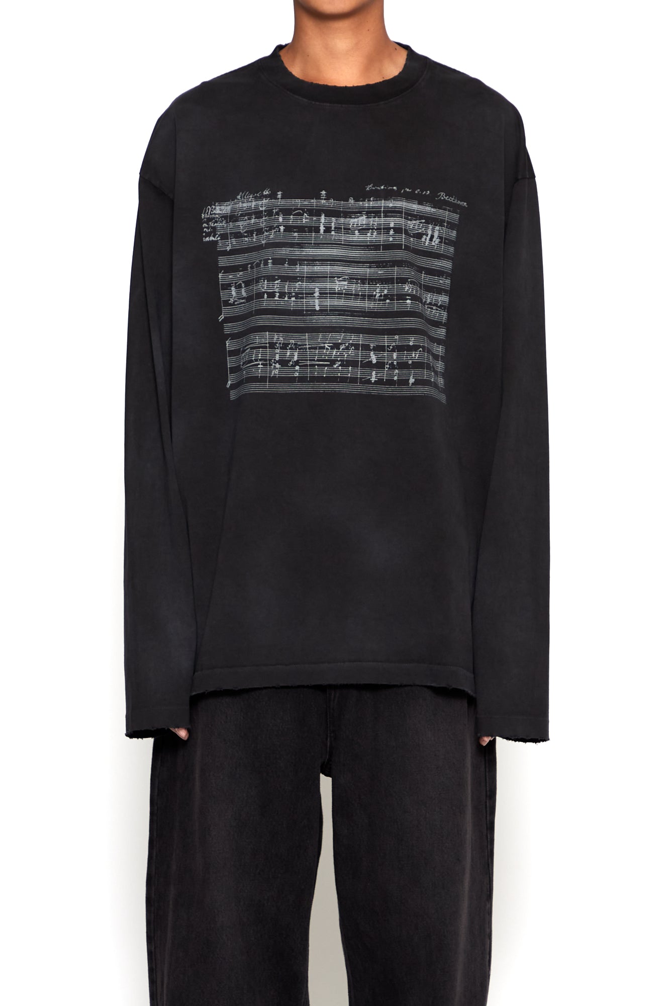 BLACK WASHED DISTRESSED AGING SHEET MUSIC PRINTED LONG SLEEVE T-SHIRT