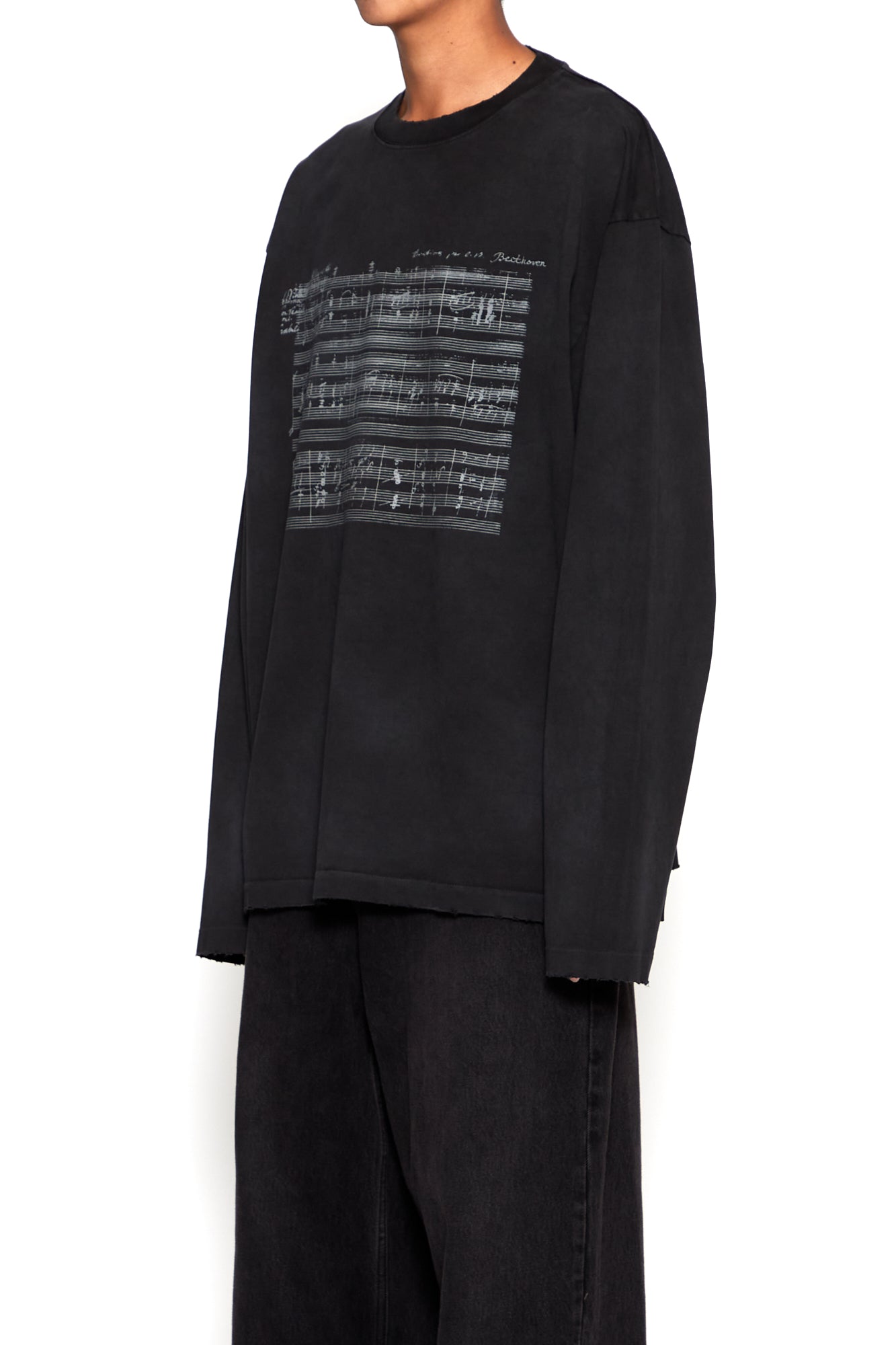 Load image into Gallery viewer, BLACK WASHED DISTRESSED AGING SHEET MUSIC PRINTED LONG SLEEVE T-SHIRT