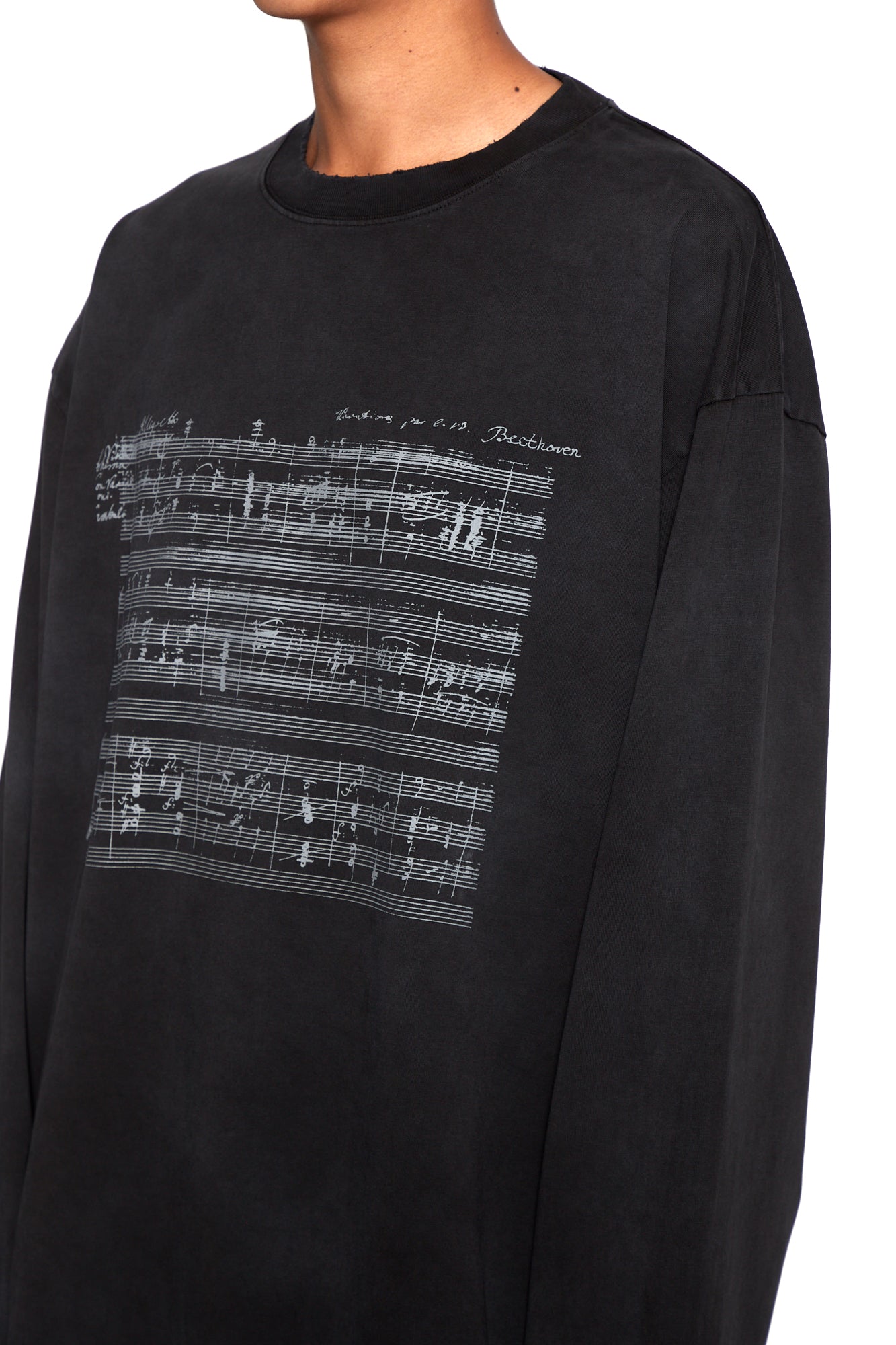 BLACK WASHED DISTRESSED AGING SHEET MUSIC PRINTED LONG SLEEVE T-SHIRT
