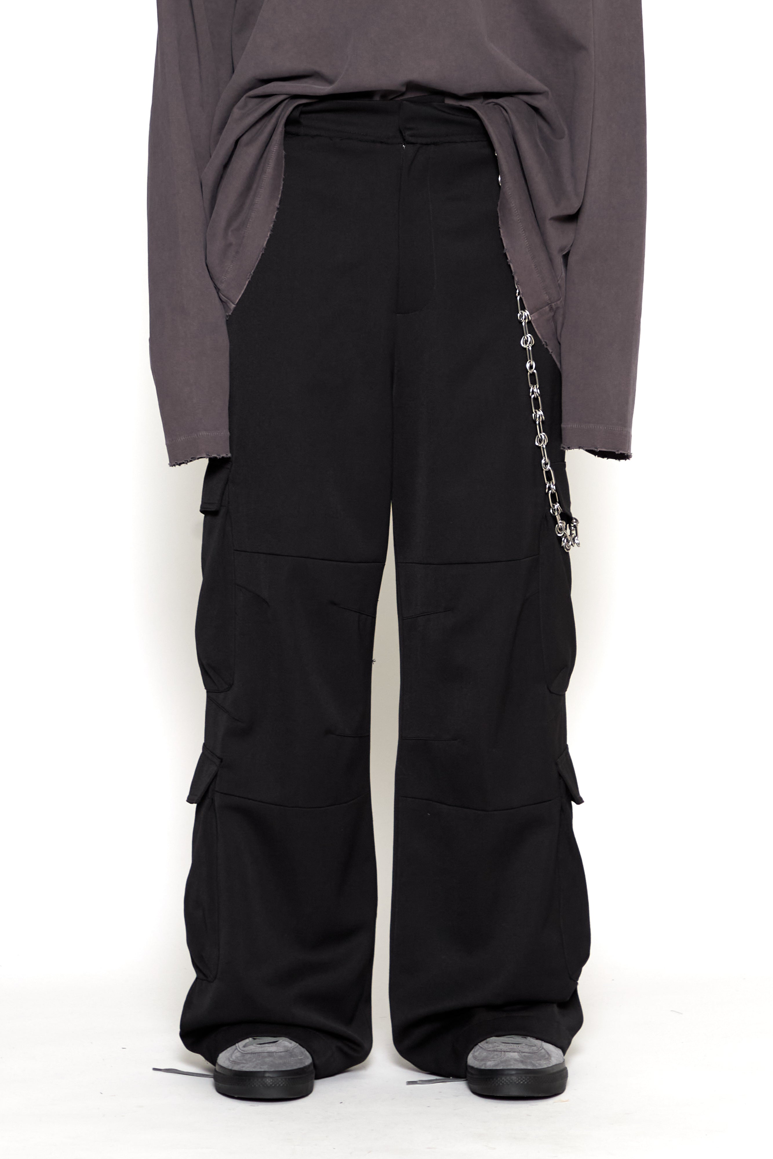 Load image into Gallery viewer, BLACK HEAVY WEIGHT WOOL POLY FLARED CARGO PANTS