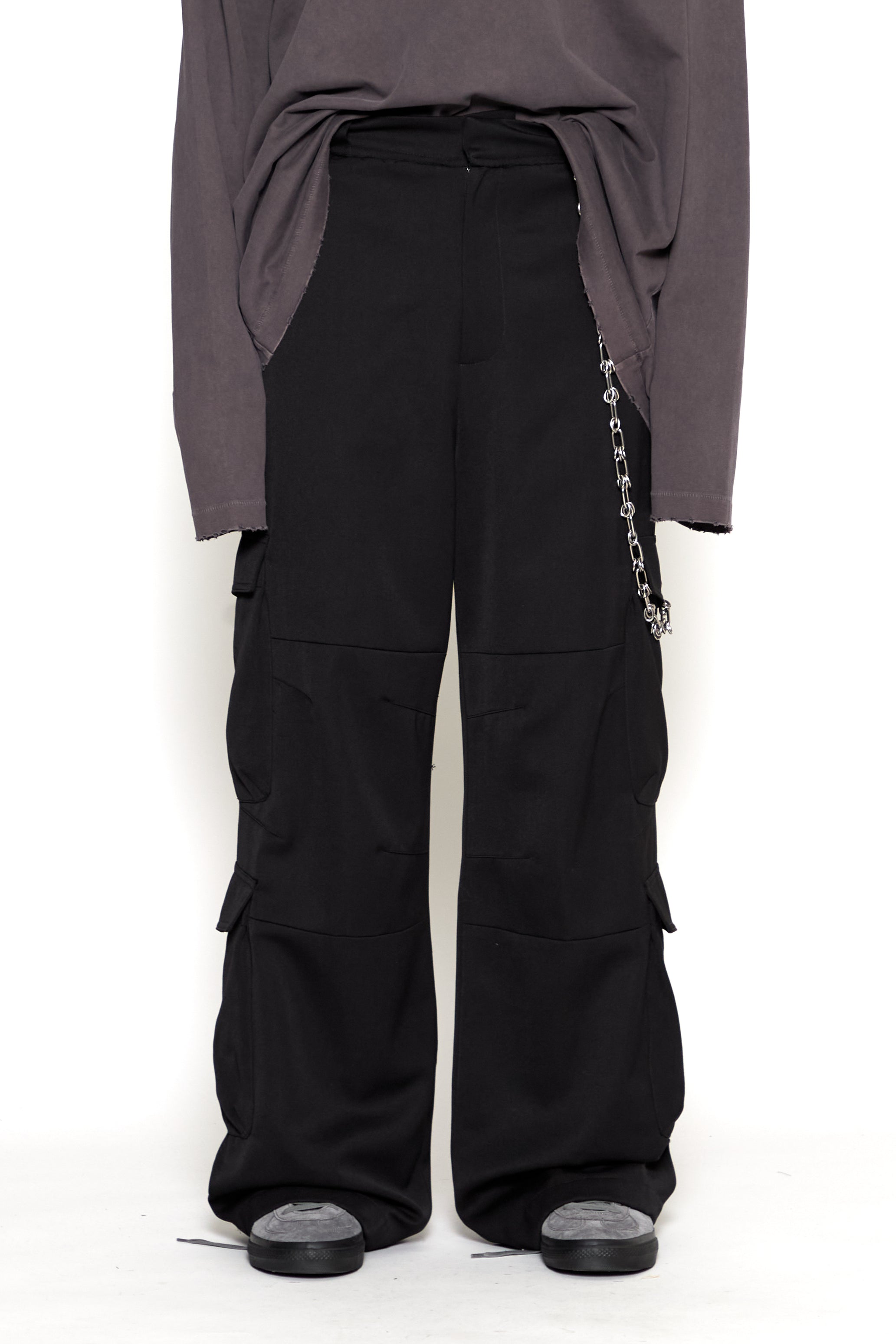 BLACK HEAVY WEIGHT WOOL POLY FLARED CARGO PANTS