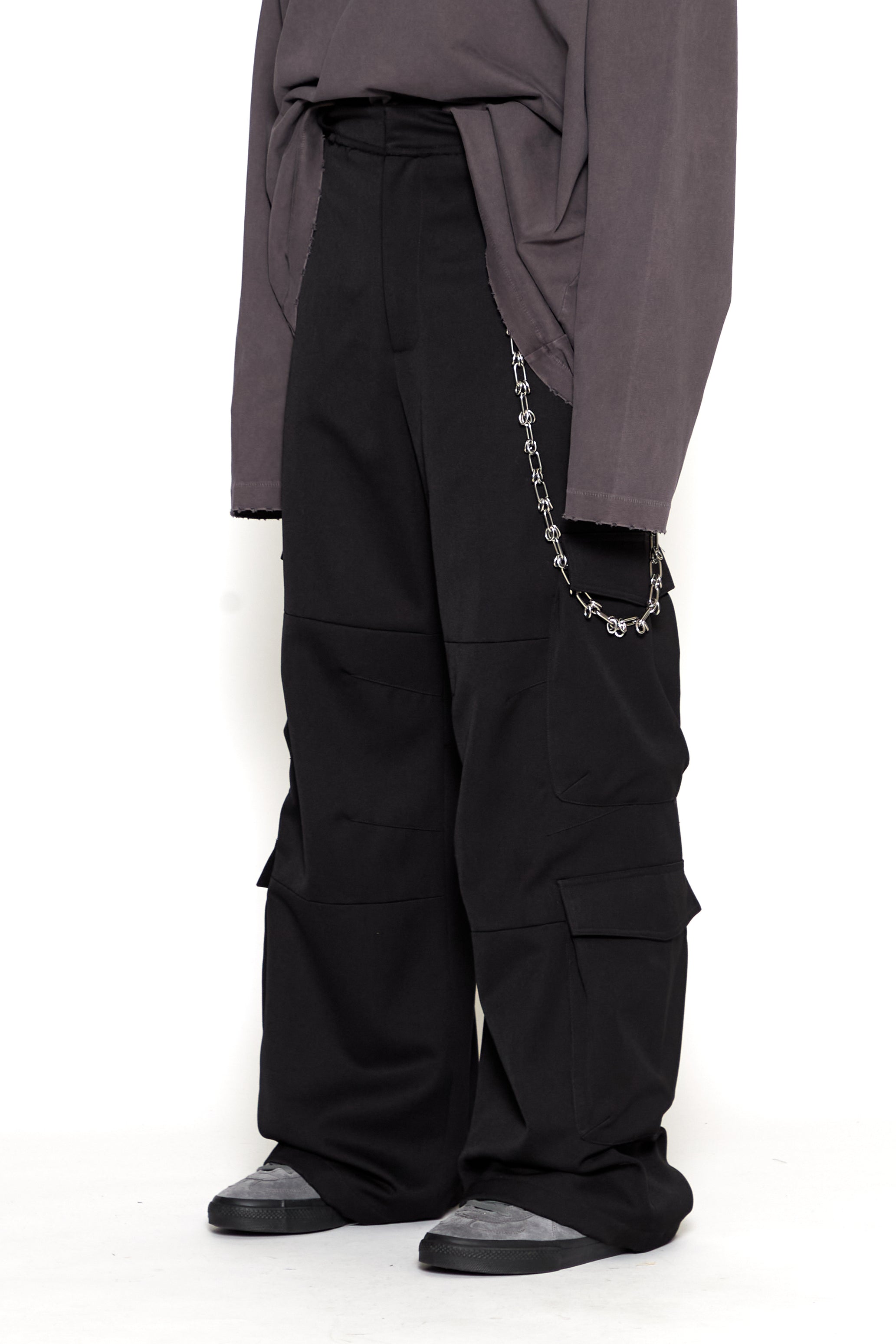 BLACK HEAVY WEIGHT WOOL POLY FLARED CARGO PANTS