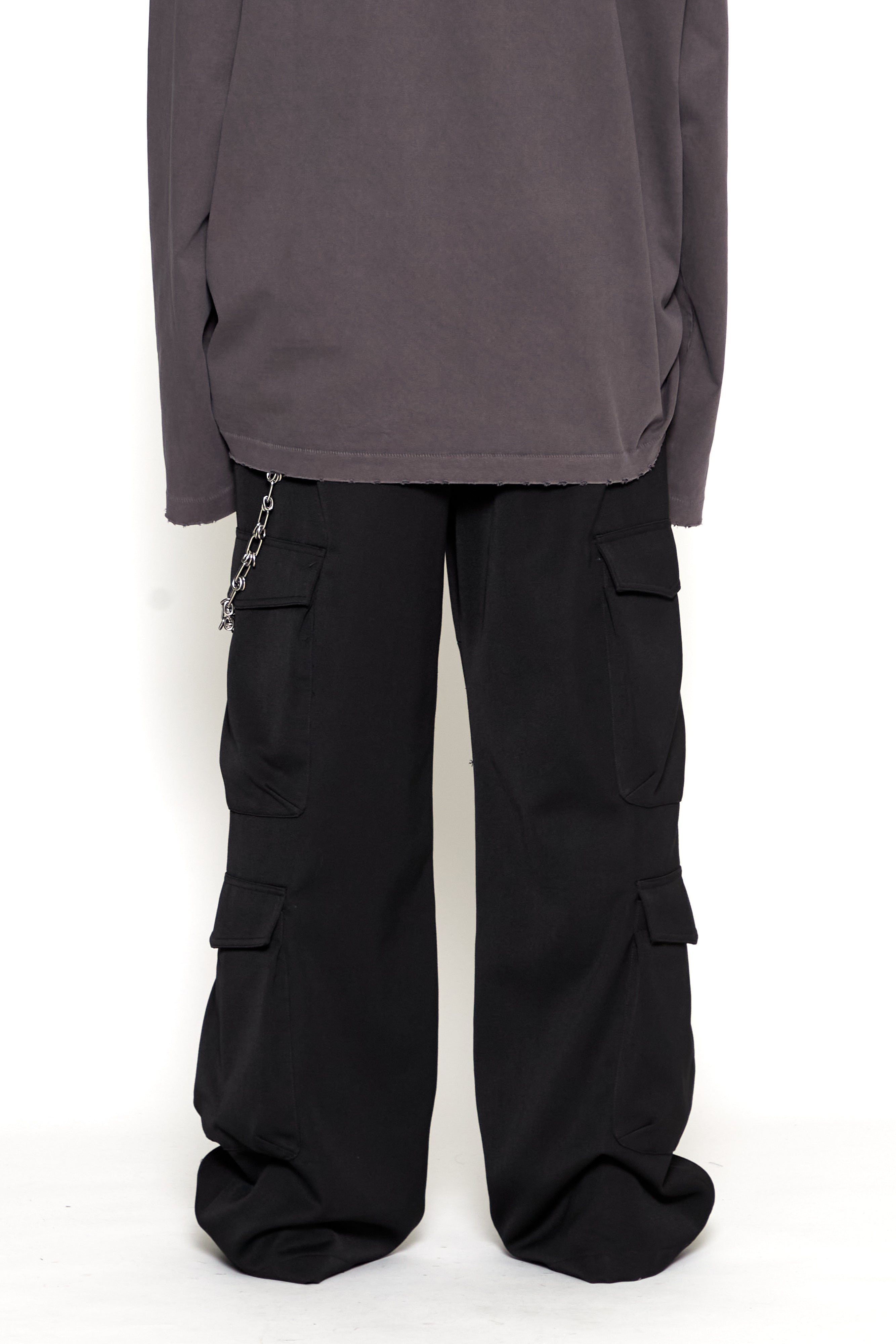 Load image into Gallery viewer, BLACK HEAVY WEIGHT WOOL POLY FLARED CARGO PANTS