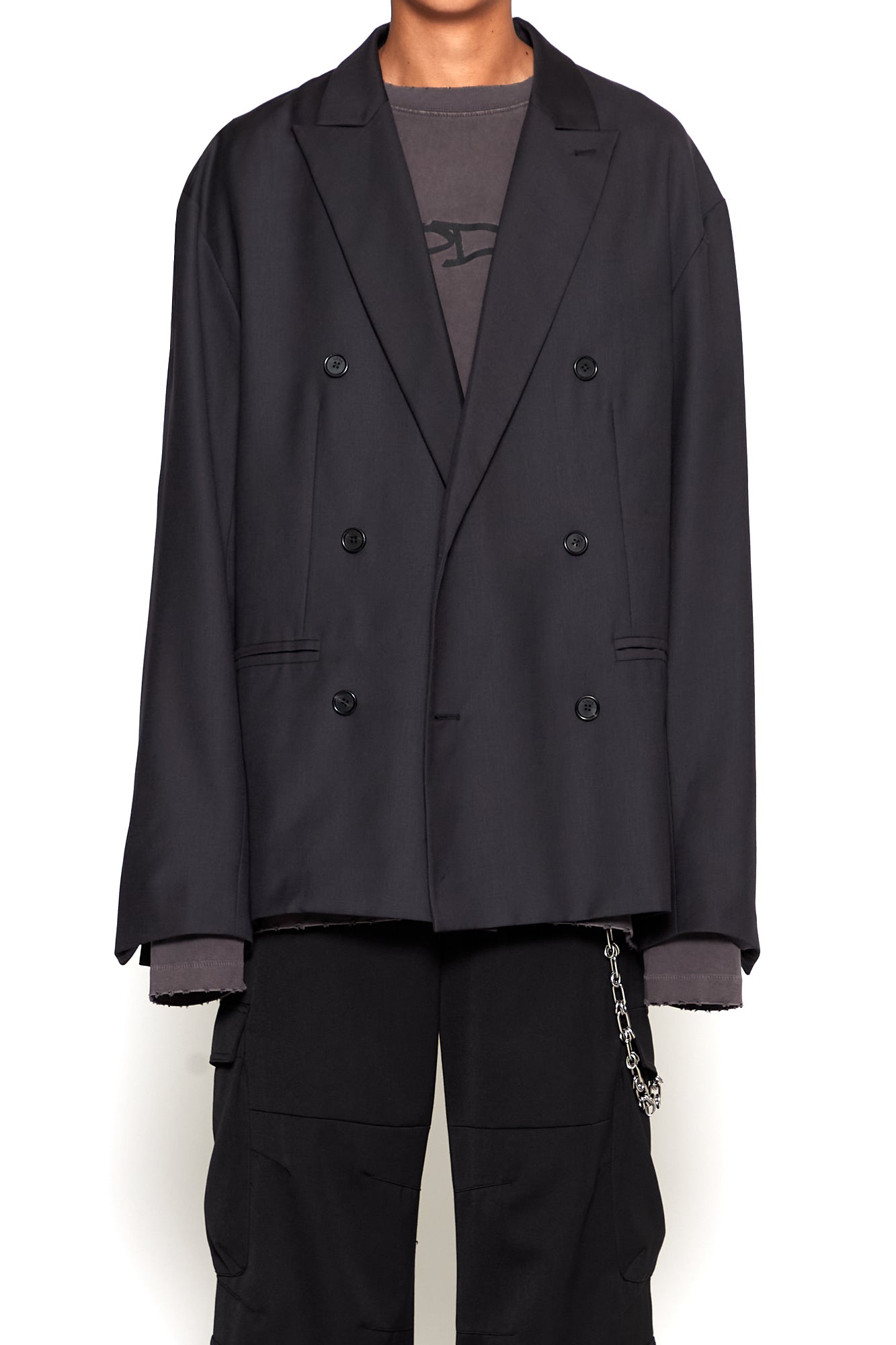 ASPHALT WOOL POLY GABARDINE DOUBLE BREASTED LENTO BLAZER