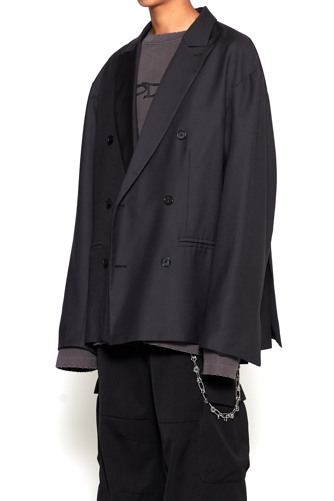 ASPHALT WOOL POLY GABARDINE DOUBLE BREASTED LENTO BLAZER