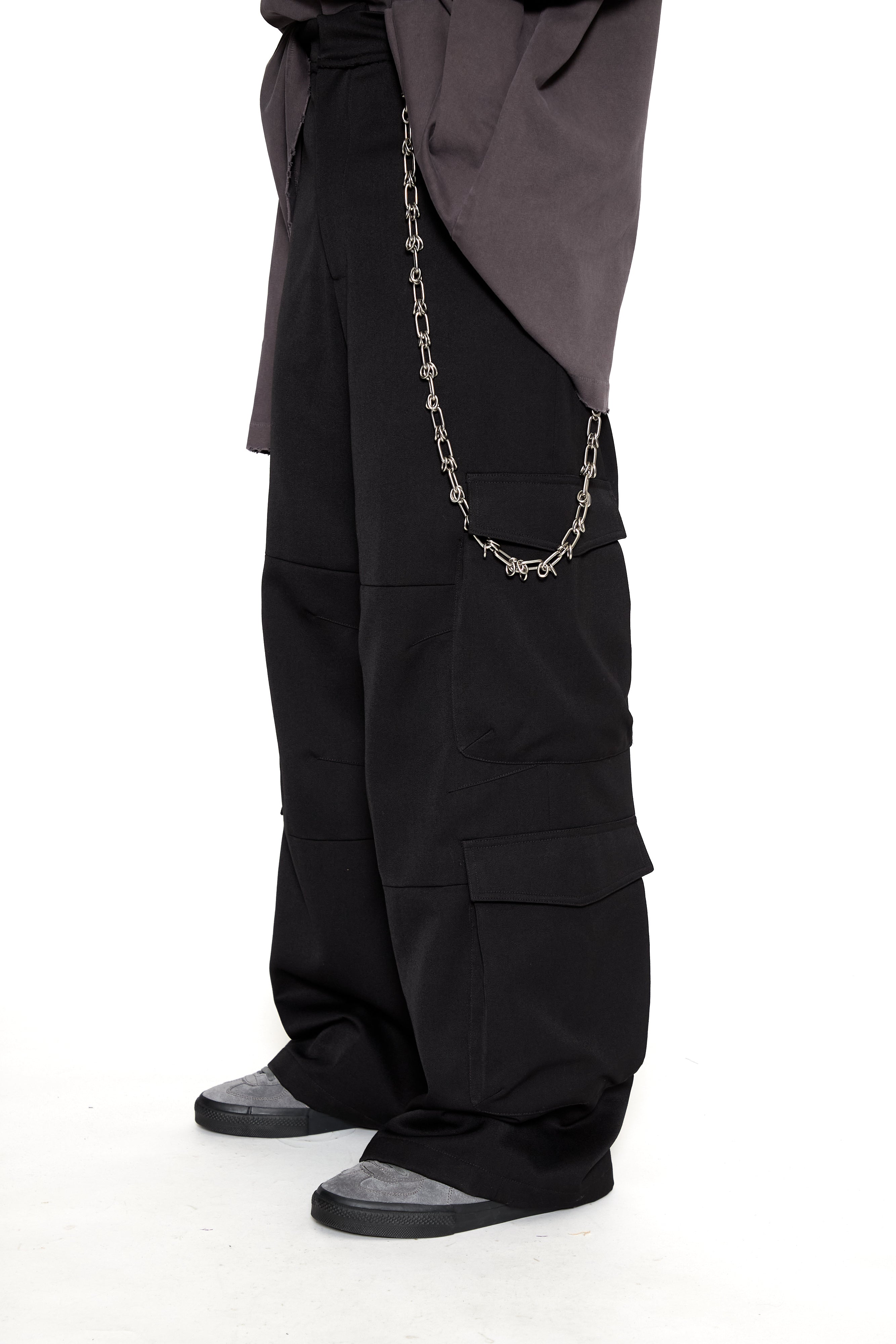Load image into Gallery viewer, BLACK HEAVY WEIGHT WOOL POLY FLARED CARGO PANTS