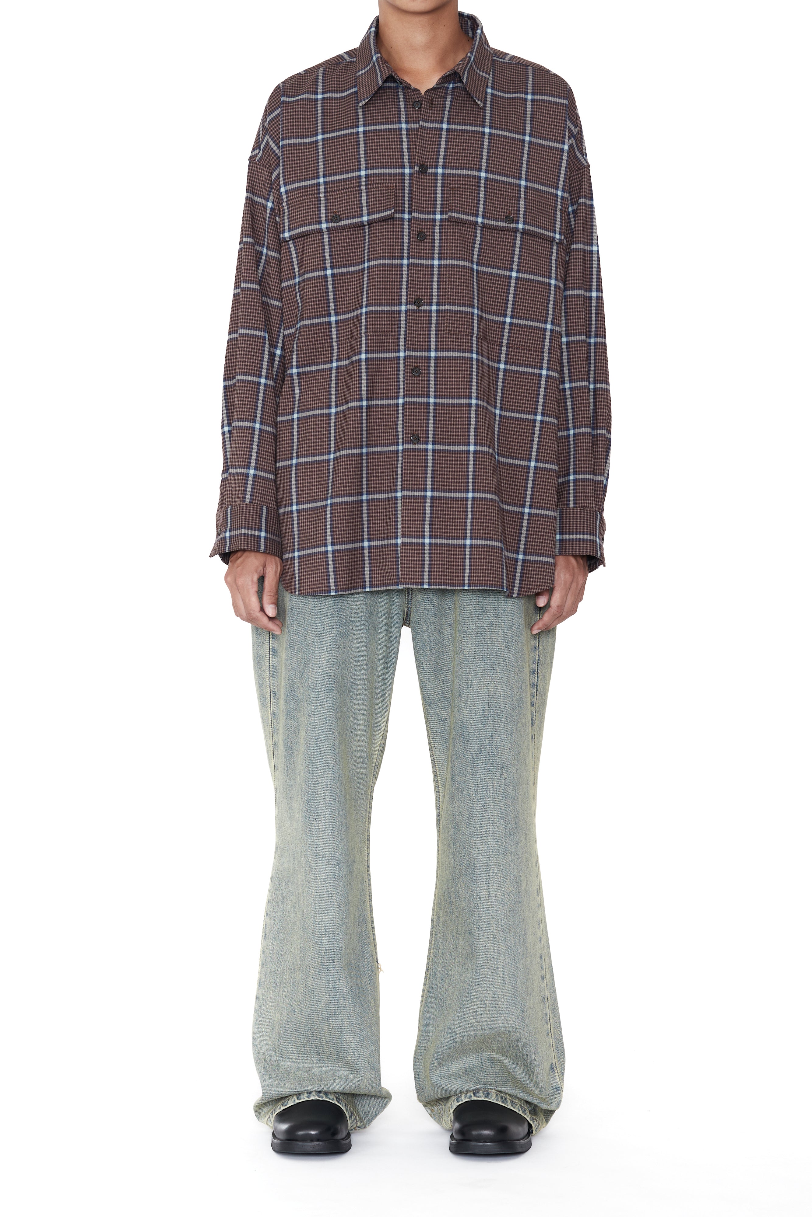 Load image into Gallery viewer, BROWN CHECK OVERSIZED MILITARY POCKET SHIRT
