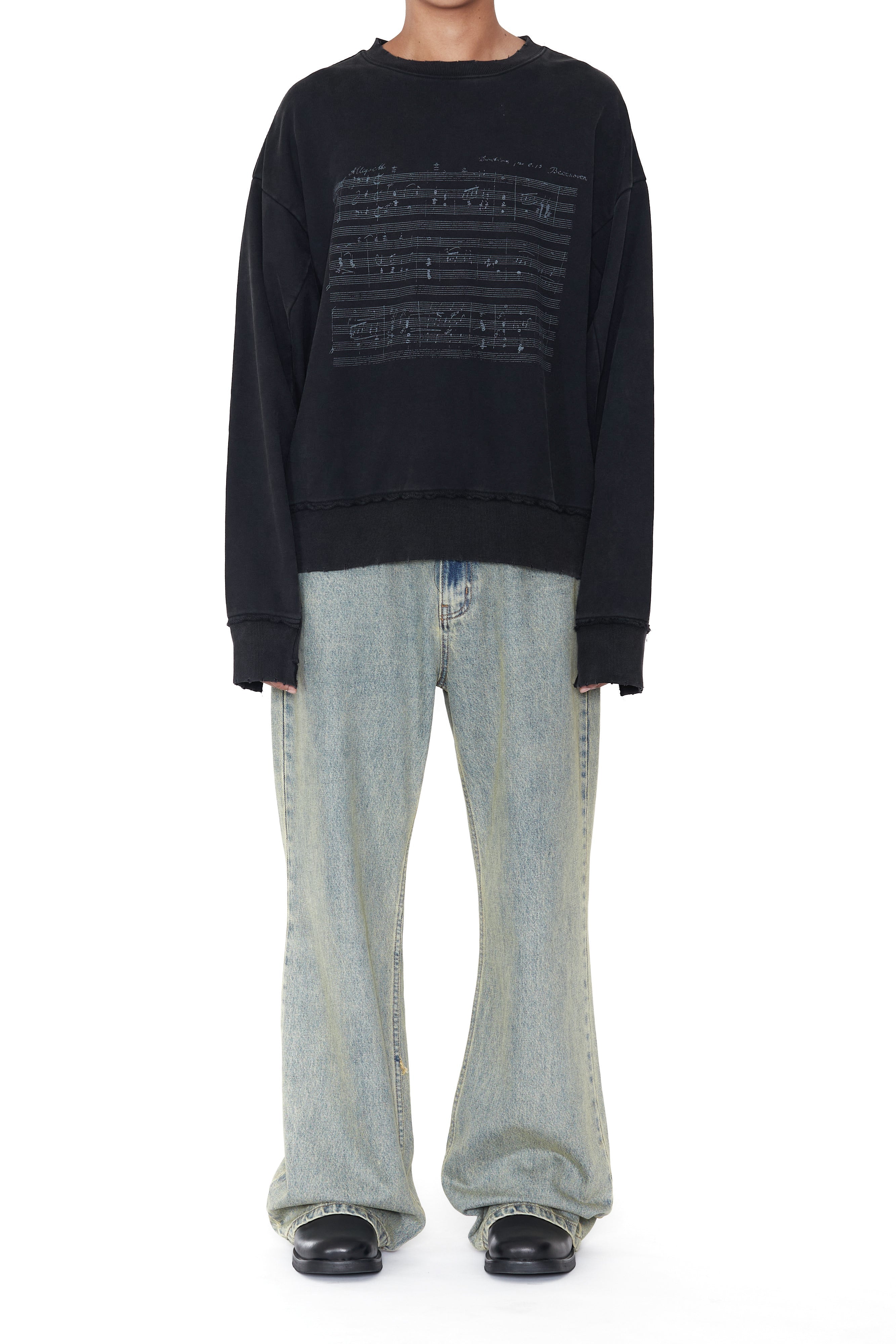Load image into Gallery viewer, BLACK WASHED DISTRESSED AGING SHEET MUSIC SWEATSHIRT