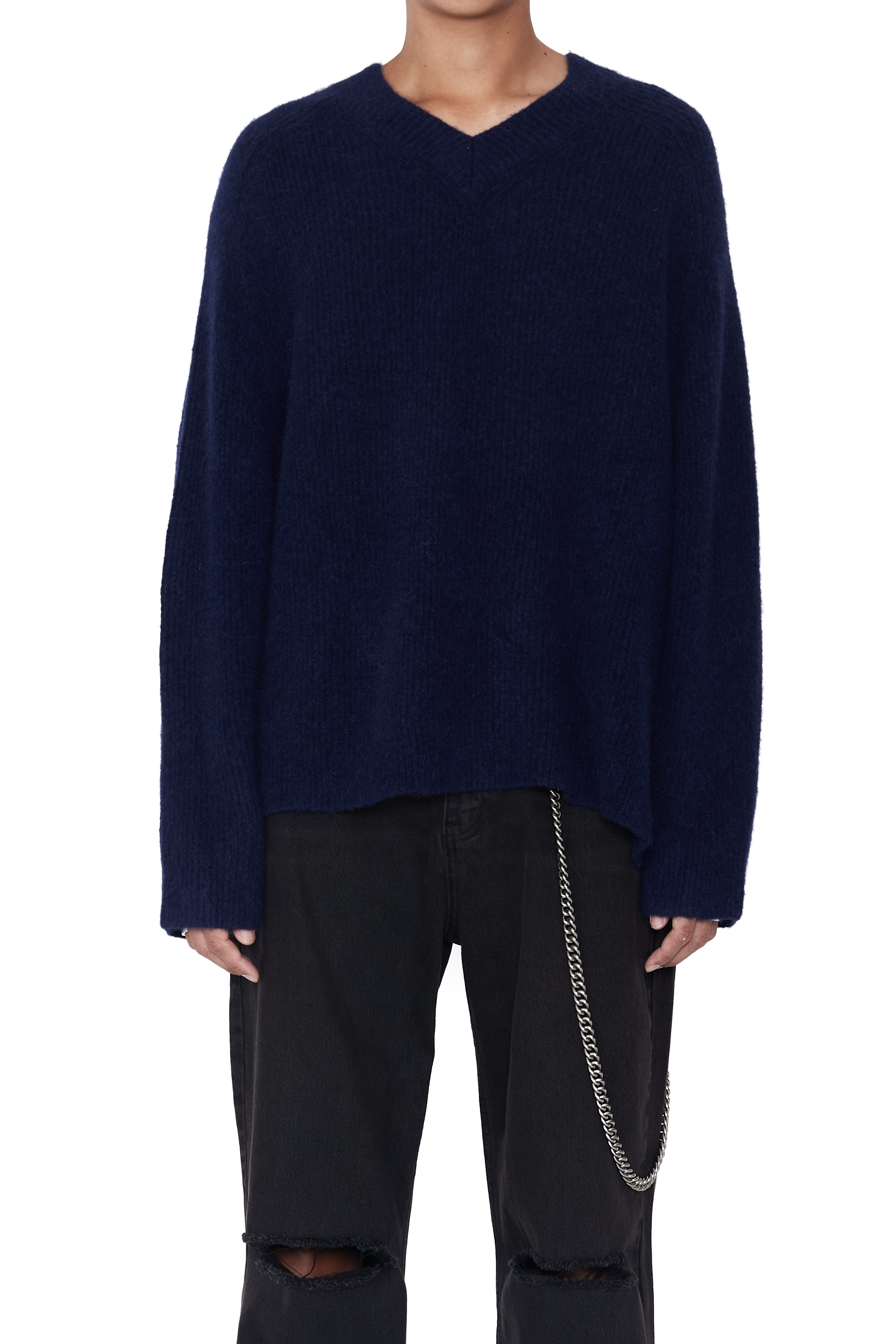 Load image into Gallery viewer, BLUE BABY ALPACA MOHAIR CABIN V-NECK SWEATER