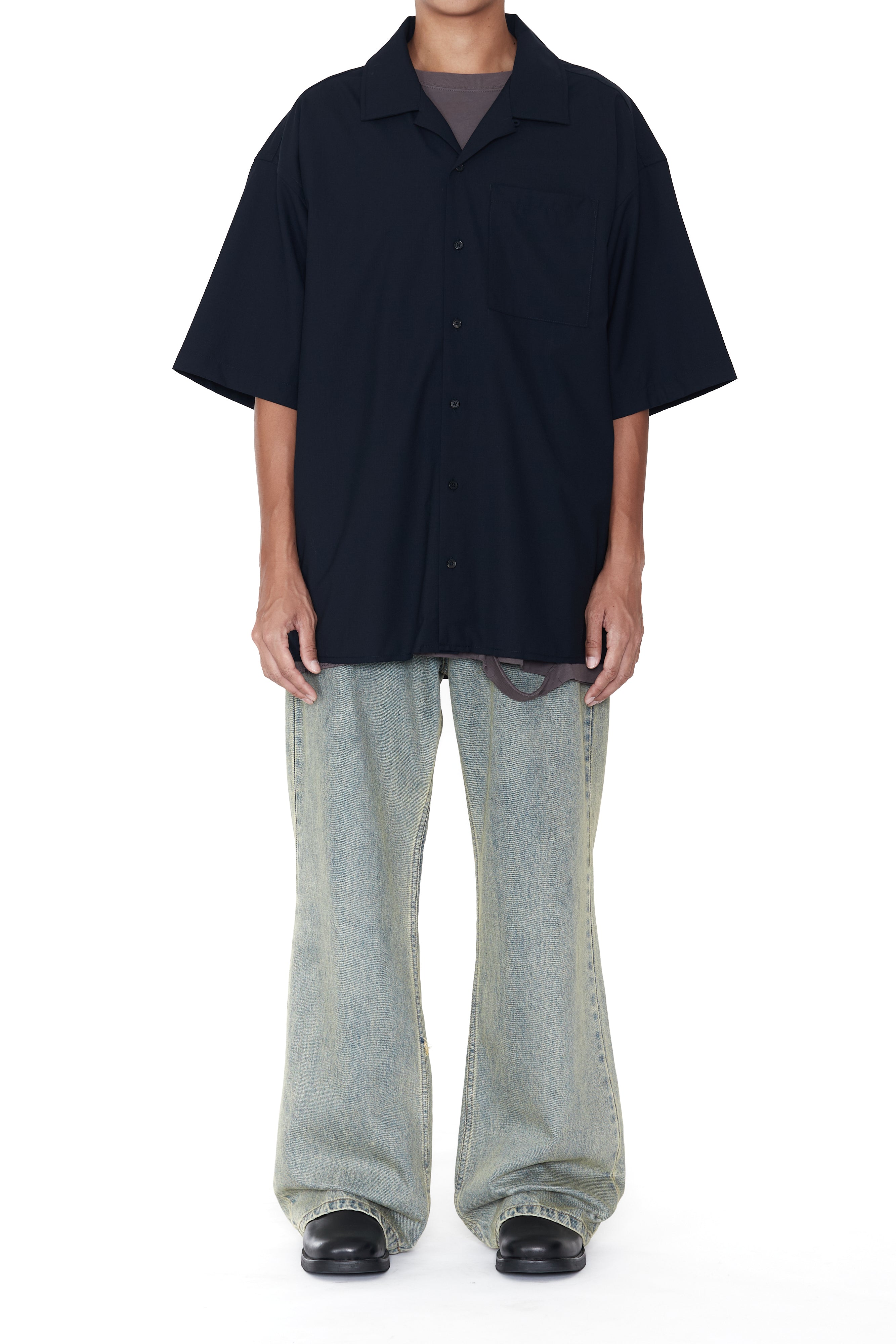 Load image into Gallery viewer, NAVY WOOL POLY RAW EDGES OPEN COLLAR BOX SHIRT