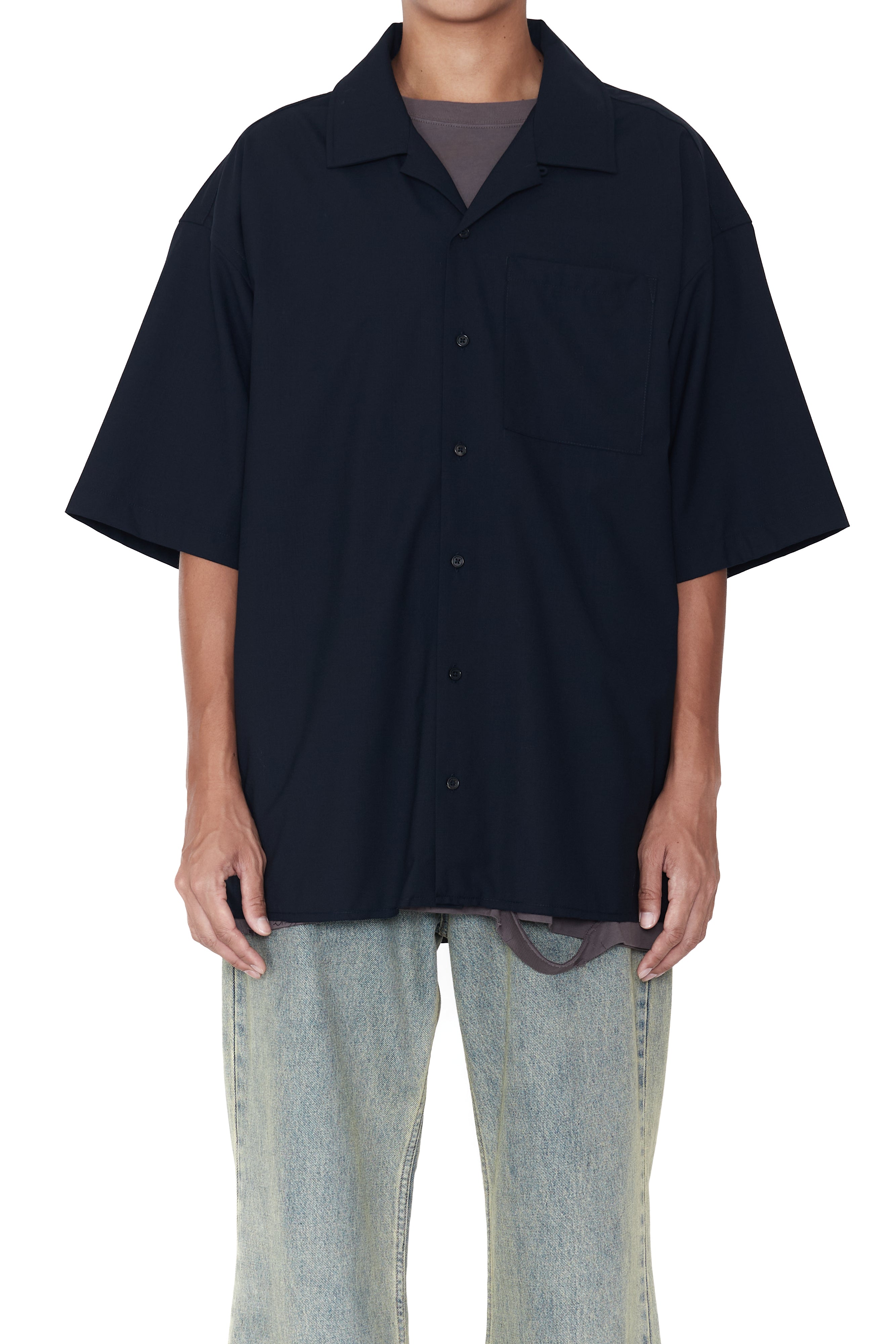 Load image into Gallery viewer, NAVY WOOL POLY RAW EDGES OPEN COLLAR BOX SHIRT