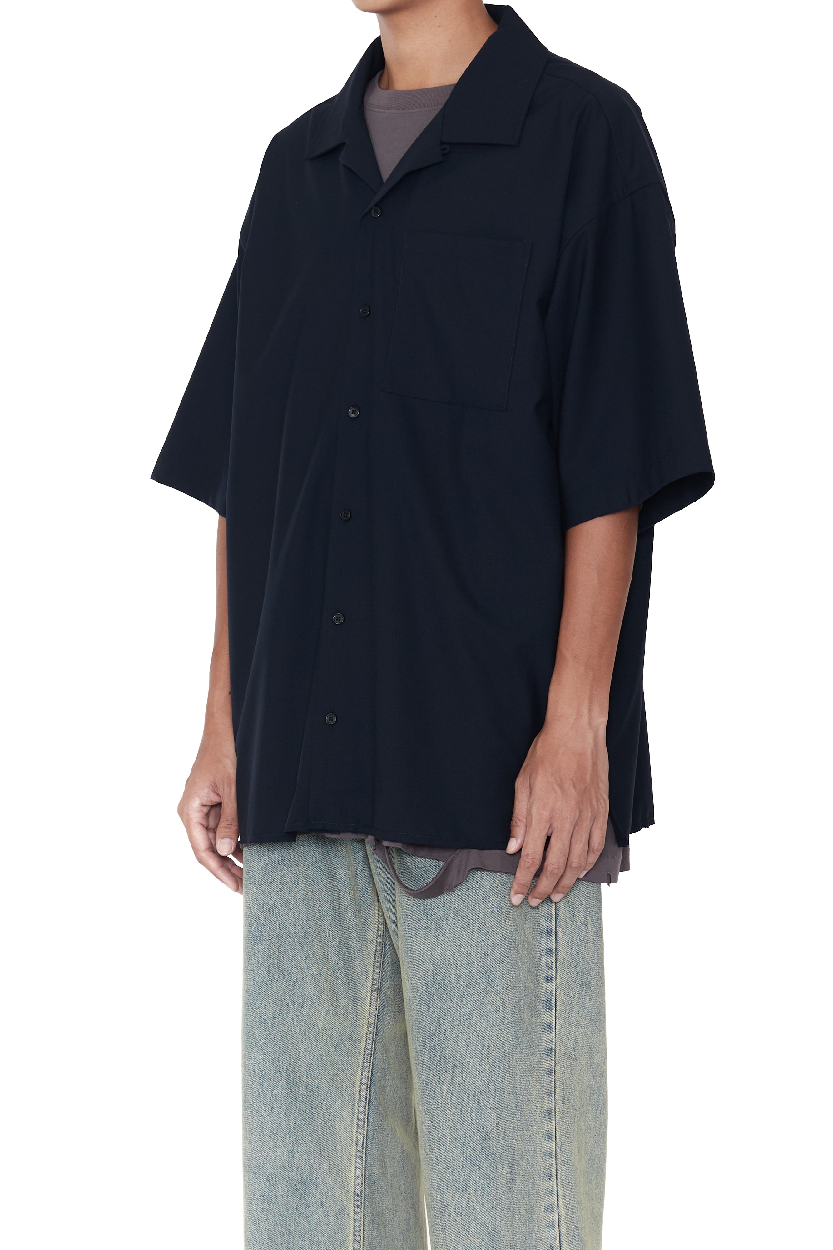 Load image into Gallery viewer, NAVY WOOL POLY RAW EDGES OPEN COLLAR BOX SHIRT