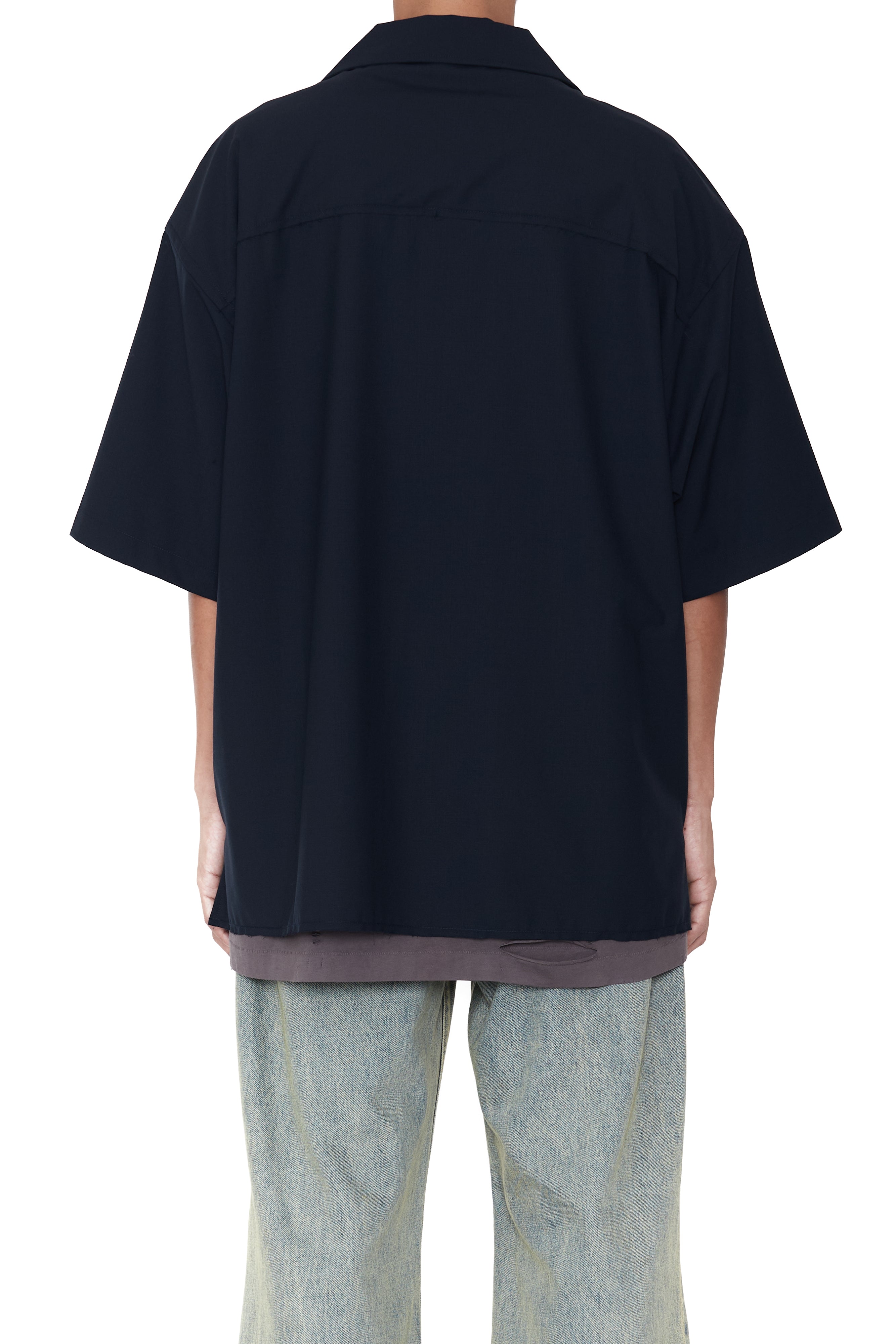 Load image into Gallery viewer, NAVY WOOL POLY RAW EDGES OPEN COLLAR BOX SHIRT