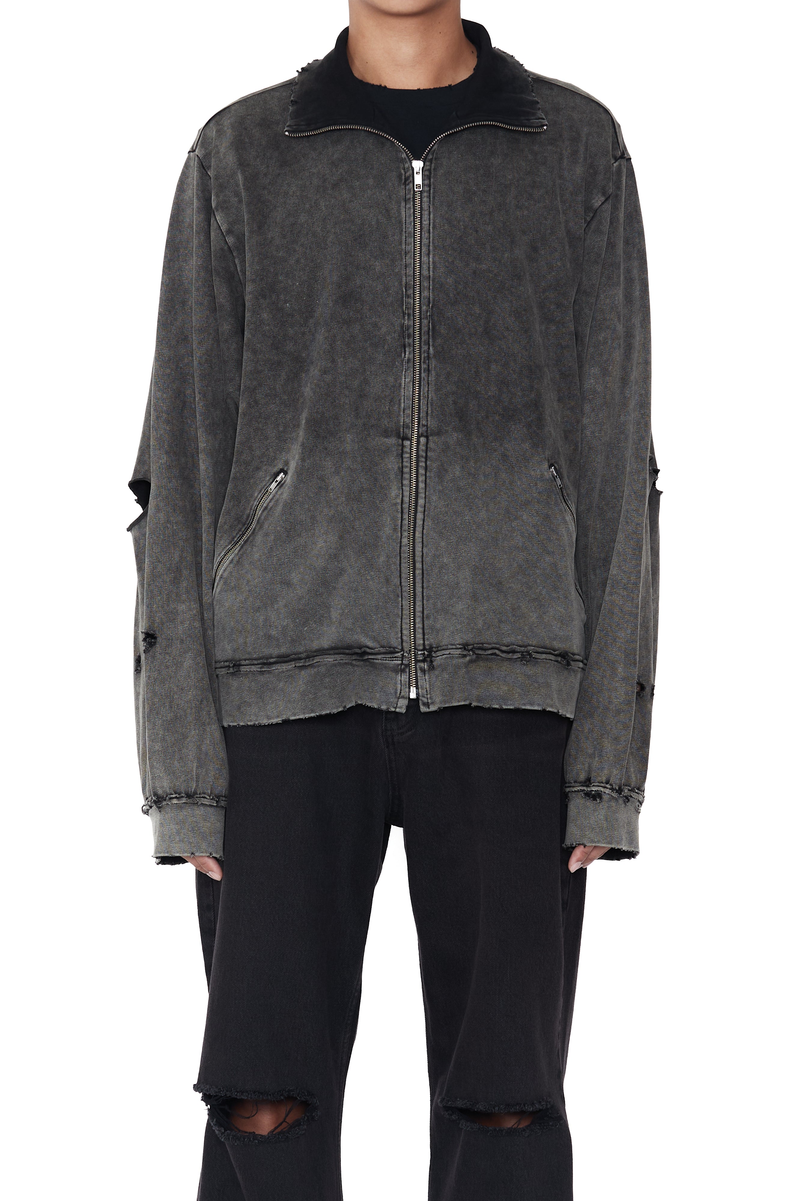 Load image into Gallery viewer, BLACK ACID WASH DESTROYED TRACK JACKET