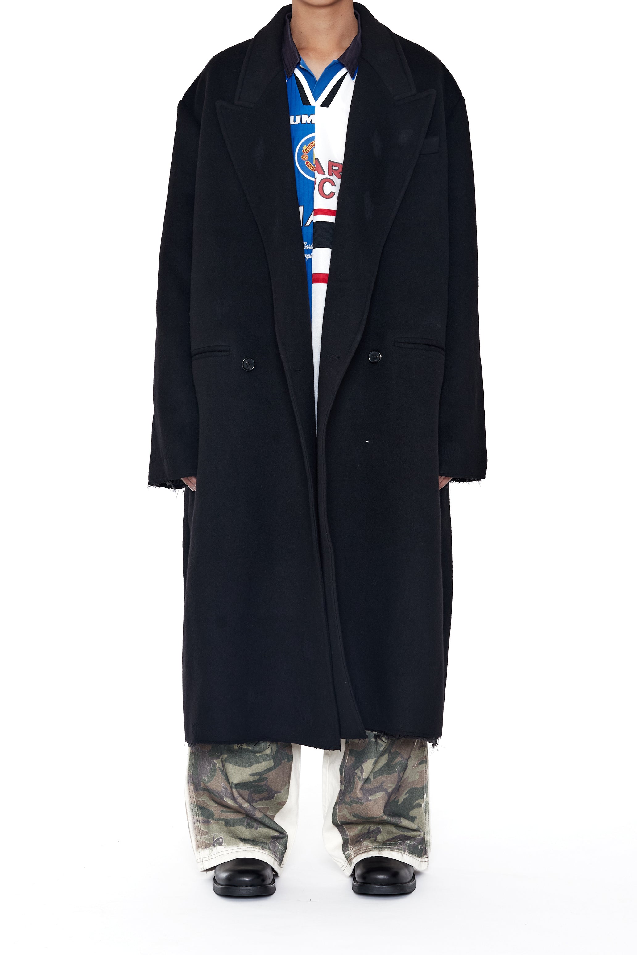 BLACK WOOL CUT OUT DISTRESSED DORIAN COAT