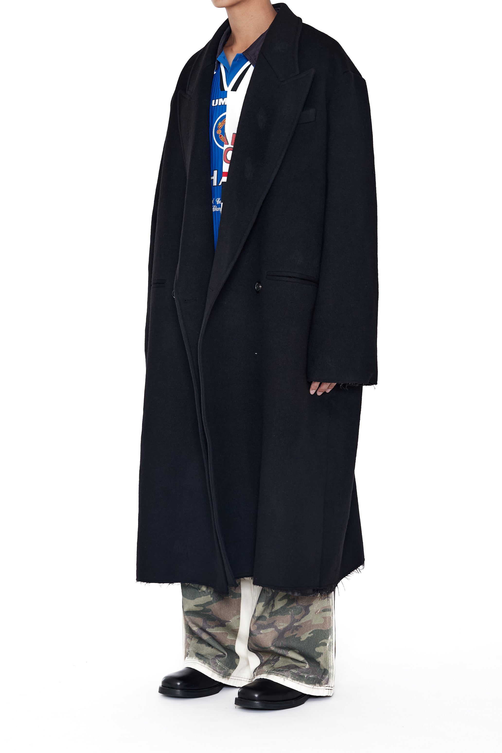 BLACK WOOL CUT OUT DISTRESSED DORIAN COAT