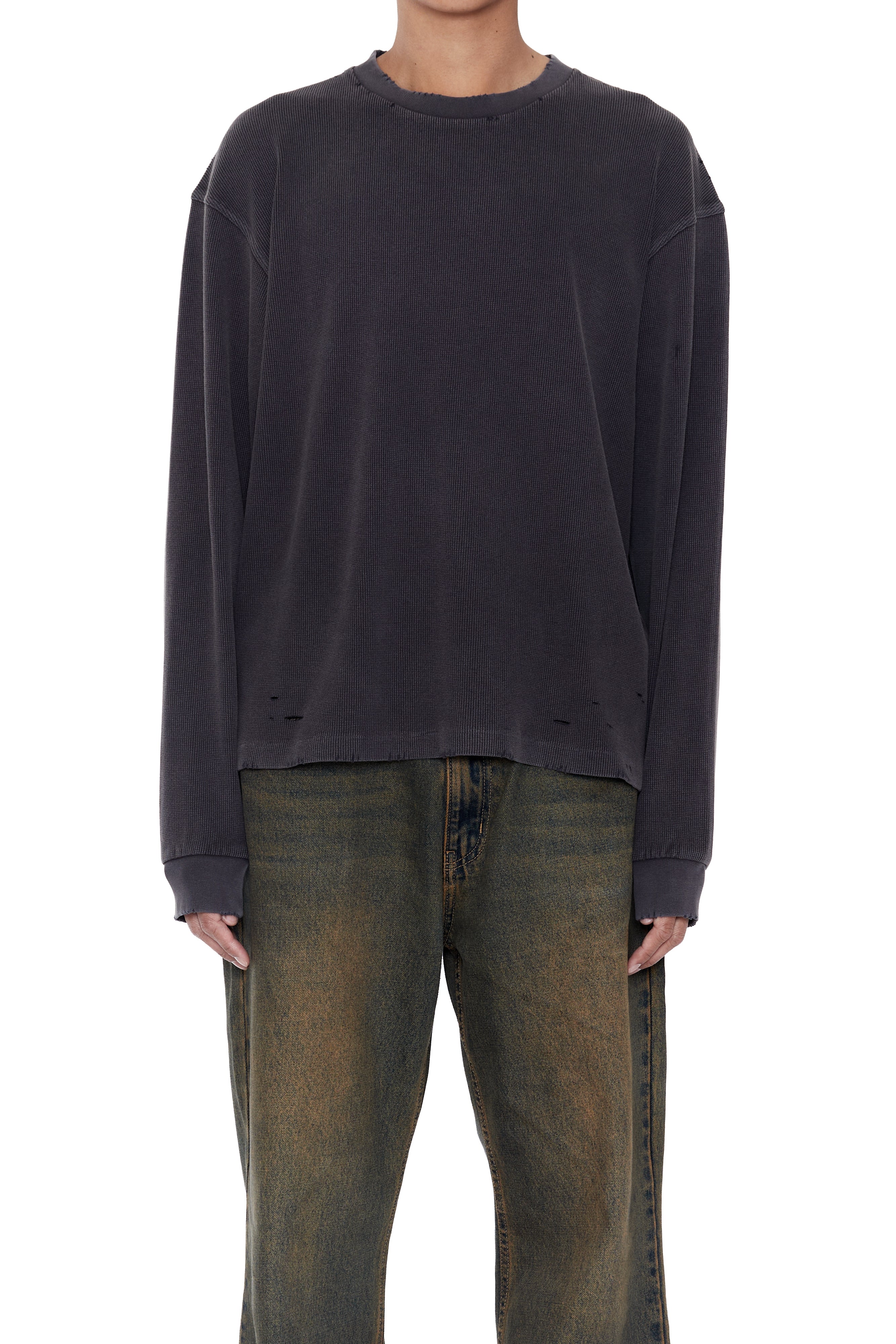 Load image into Gallery viewer, FADED BLACK AGING DAMAGED LONG SLEEVE WAFFLE TOPS