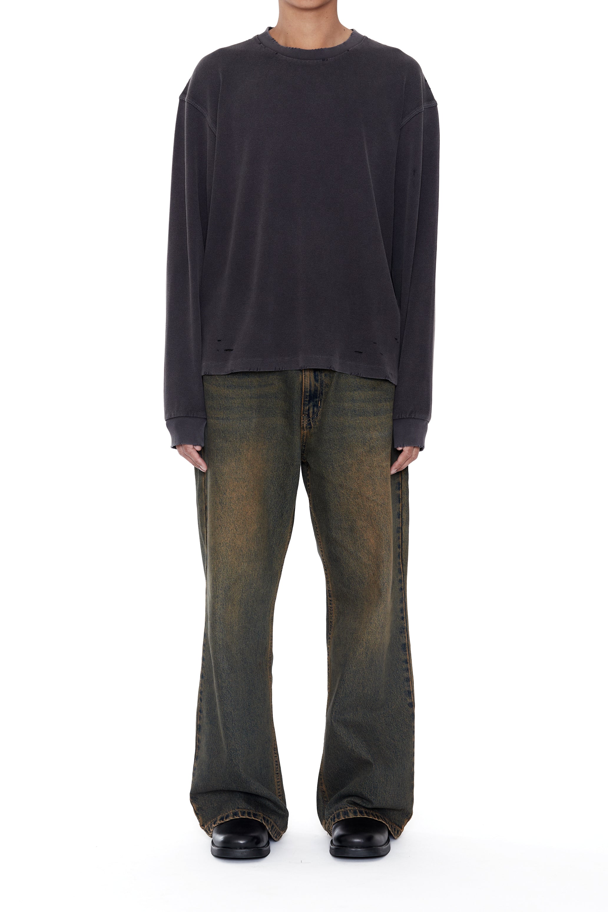 FADED BLACK AGING DAMAGED LONG SLEEVE WAFFLE TOPS