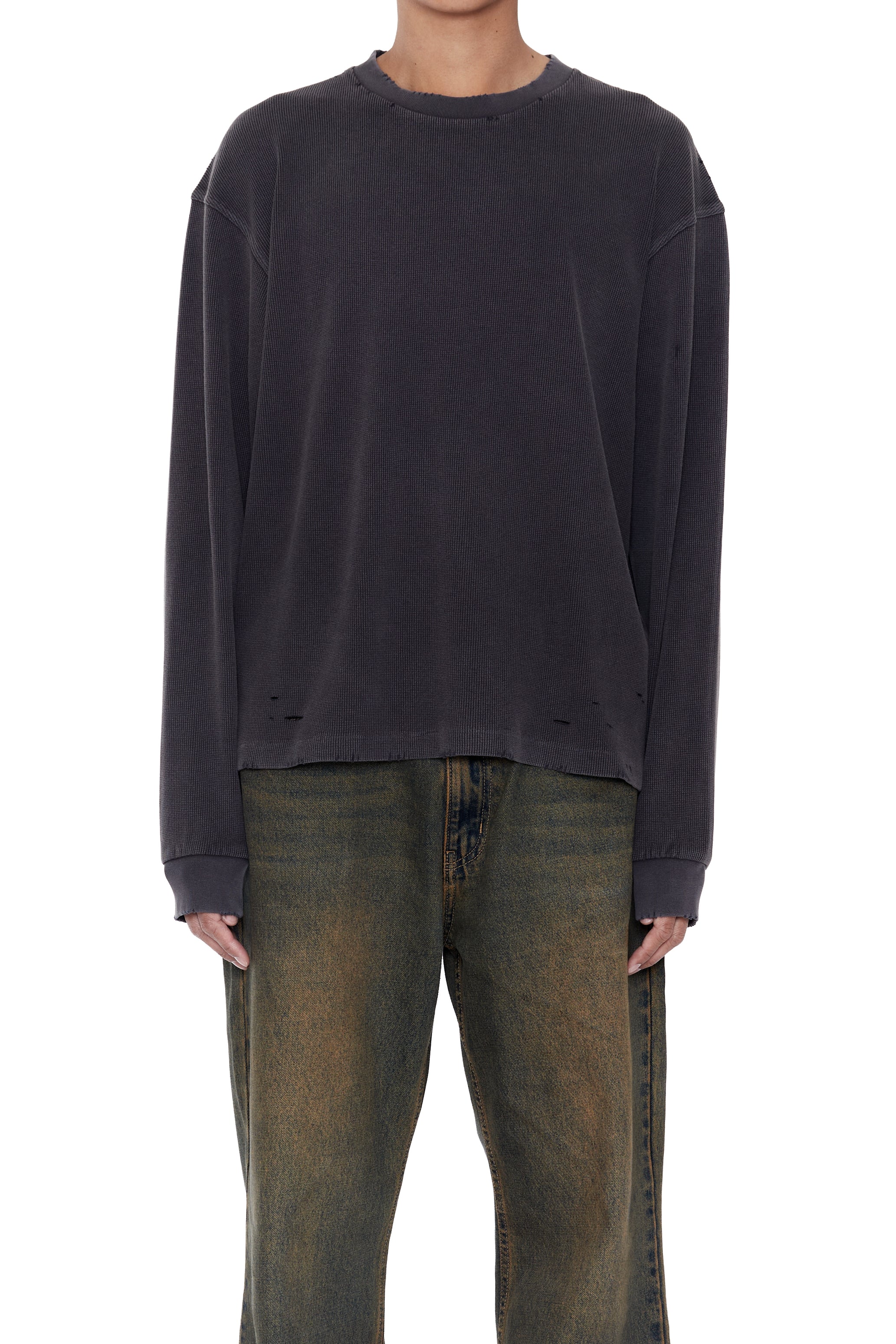 FADED BLACK AGING DAMAGED LONG SLEEVE WAFFLE TOPS