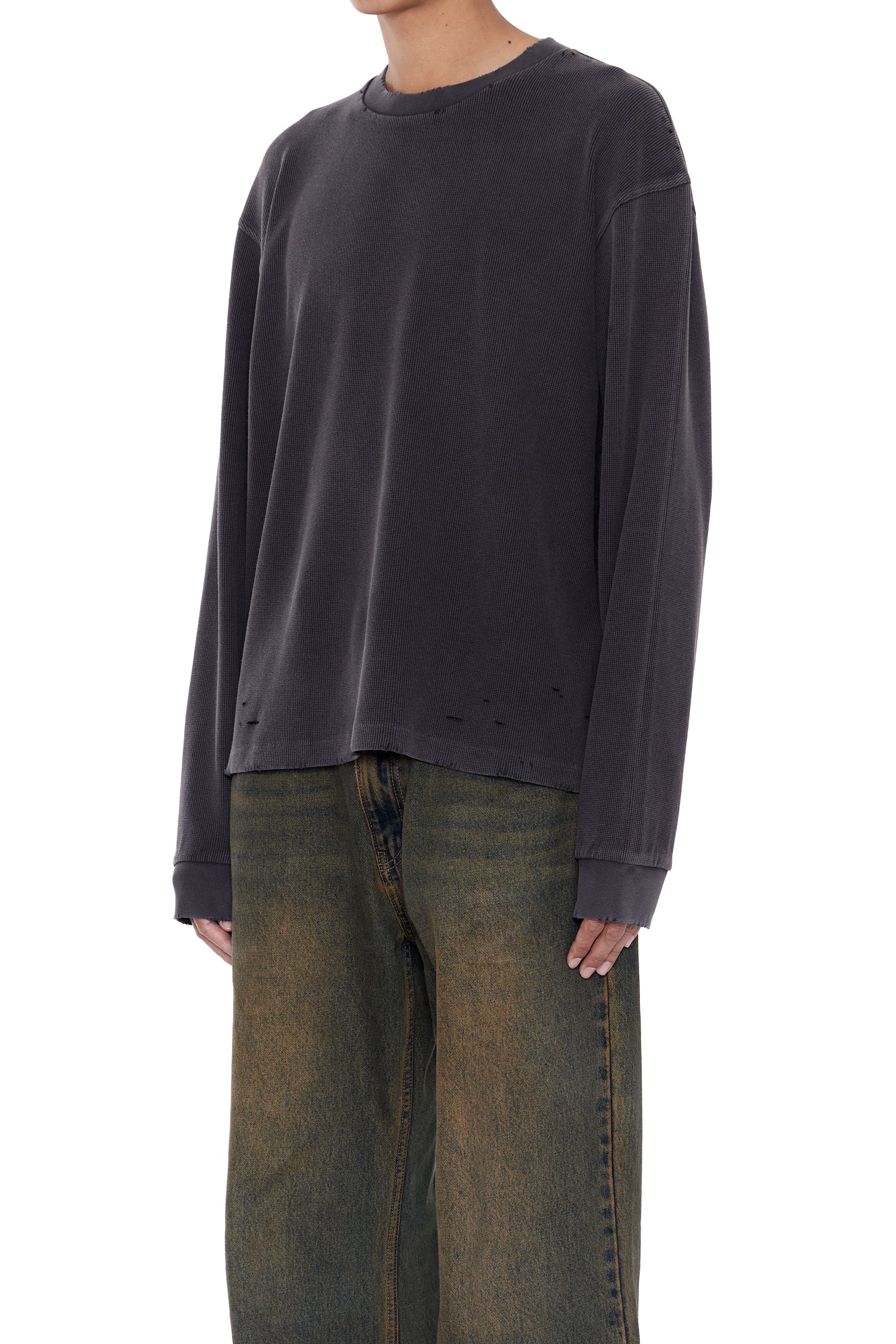 FADED BLACK AGING DAMAGED LONG SLEEVE WAFFLE TOPS