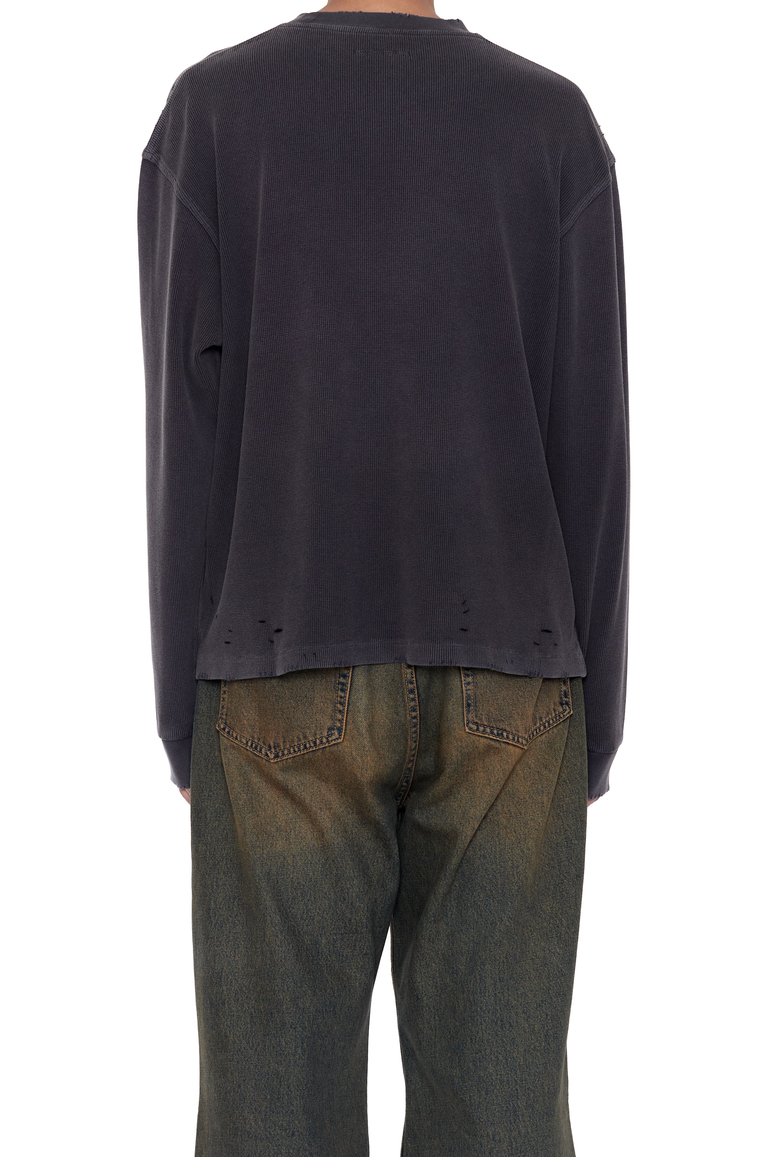 Load image into Gallery viewer, FADED BLACK AGING DAMAGED LONG SLEEVE WAFFLE TOPS