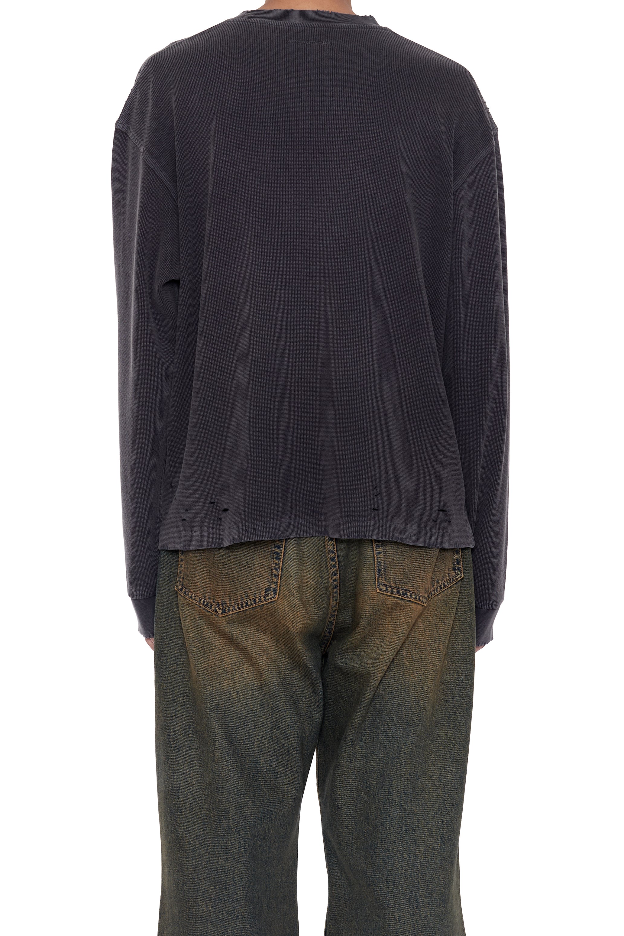 FADED BLACK AGING DAMAGED LONG SLEEVE WAFFLE TOPS