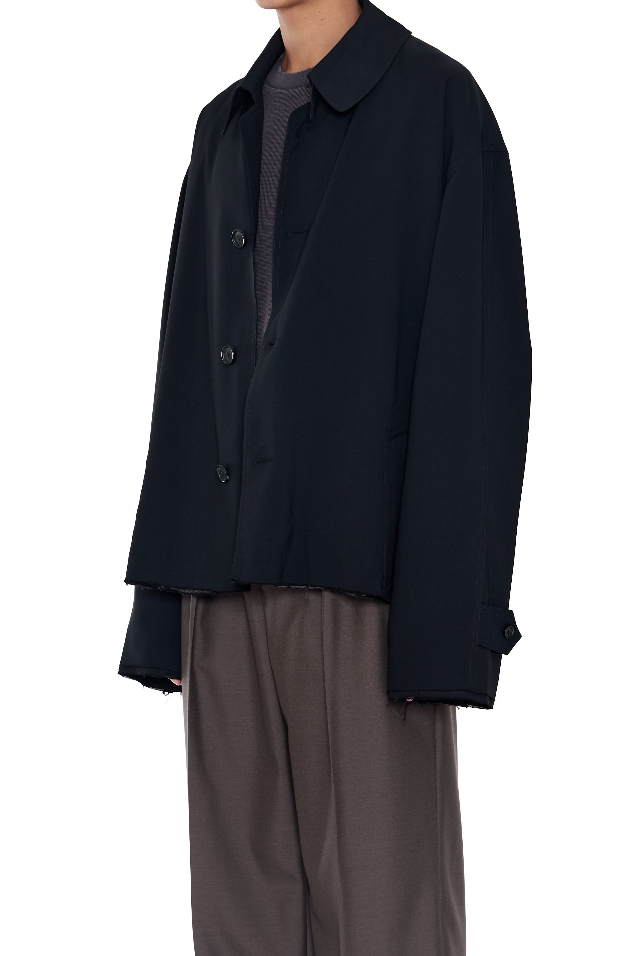 Load image into Gallery viewer, BLACK DISSOLVED CUT OUT BALMACAAN COAT