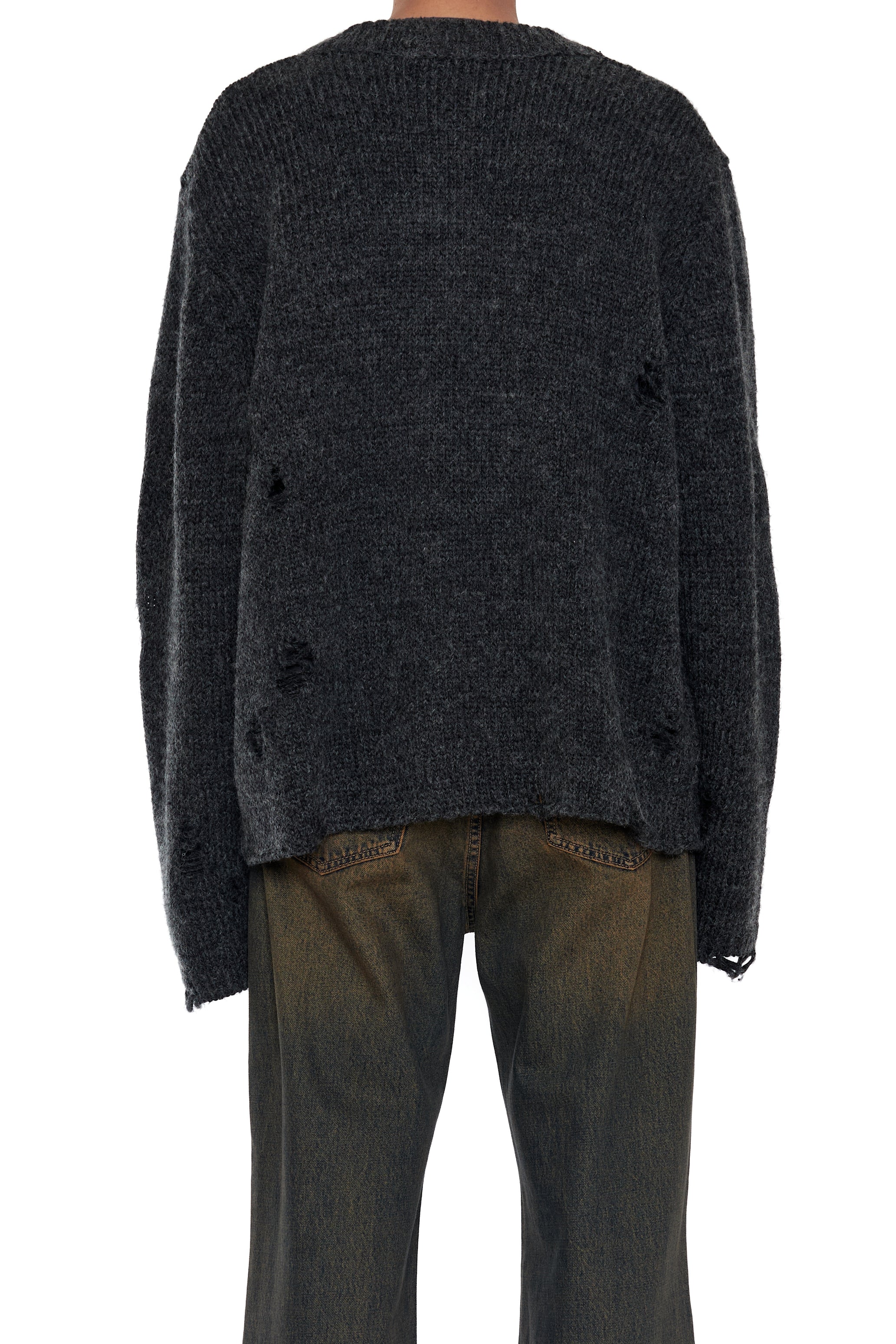 DARK GREY 90S ROUND NECK THRASHED CARDIGAN