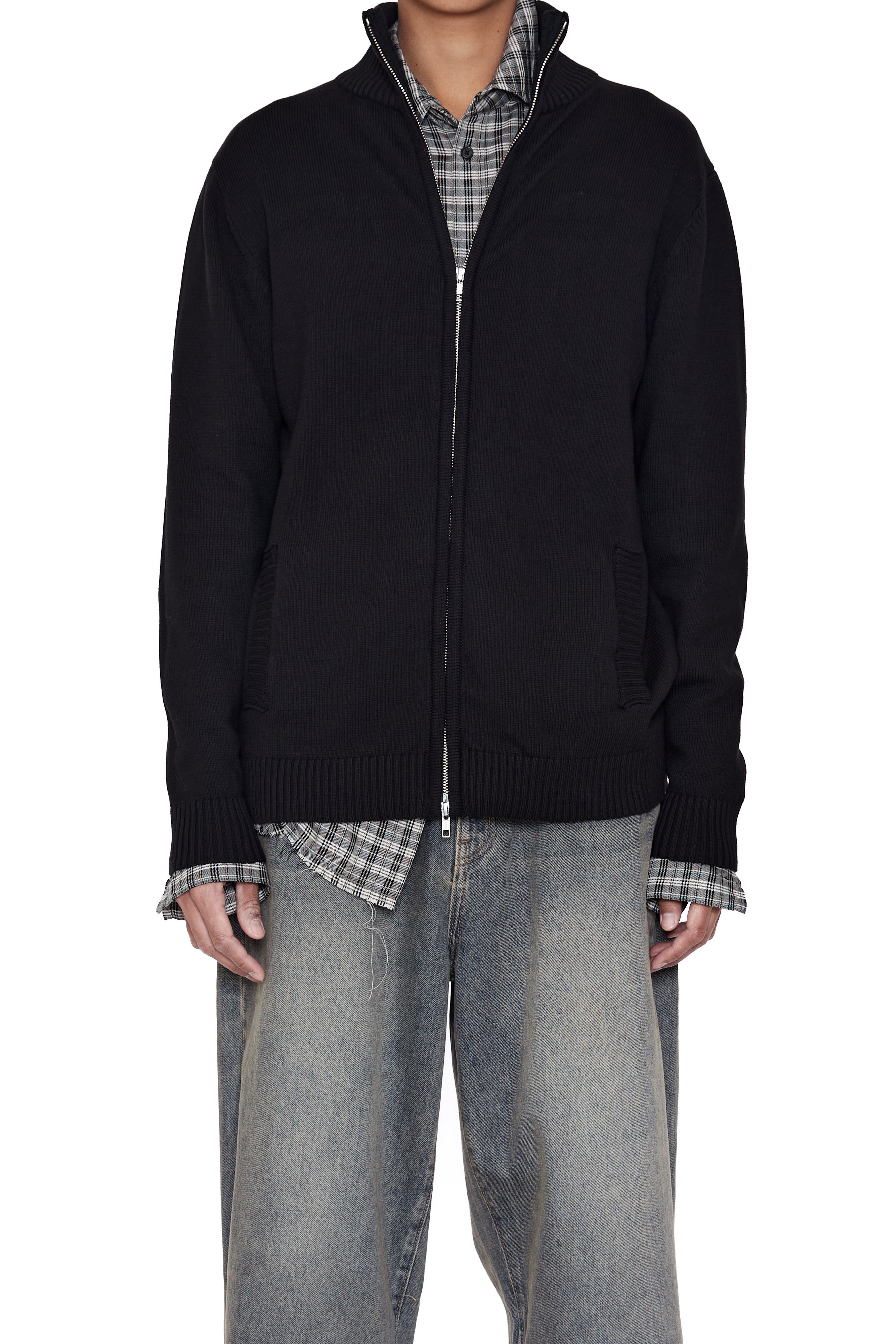Load image into Gallery viewer, BLACK KNIT SHRUNKEN ZIP TRACK JACKET
