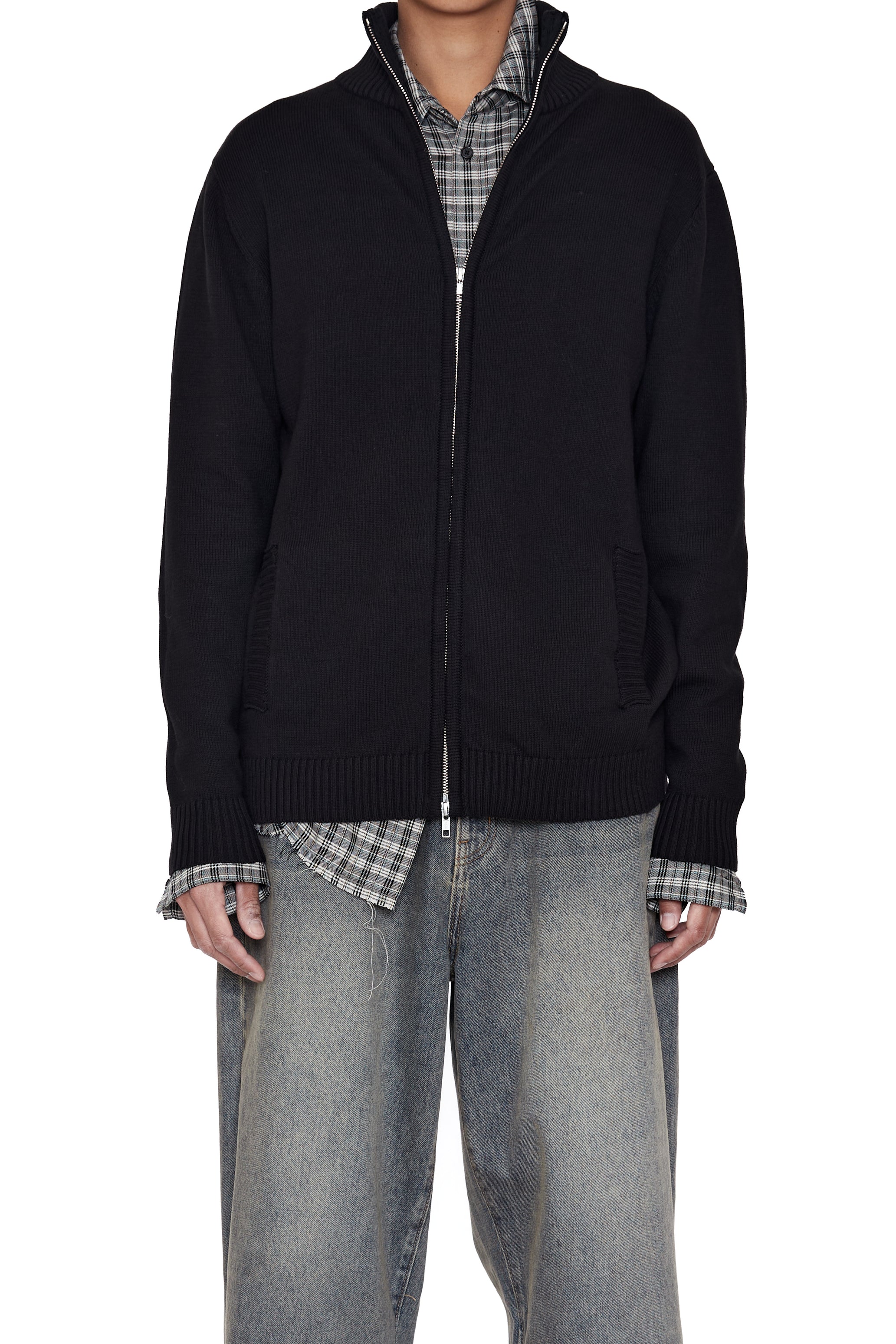 BLACK KNIT SHRUNKEN ZIP TRACK JACKET