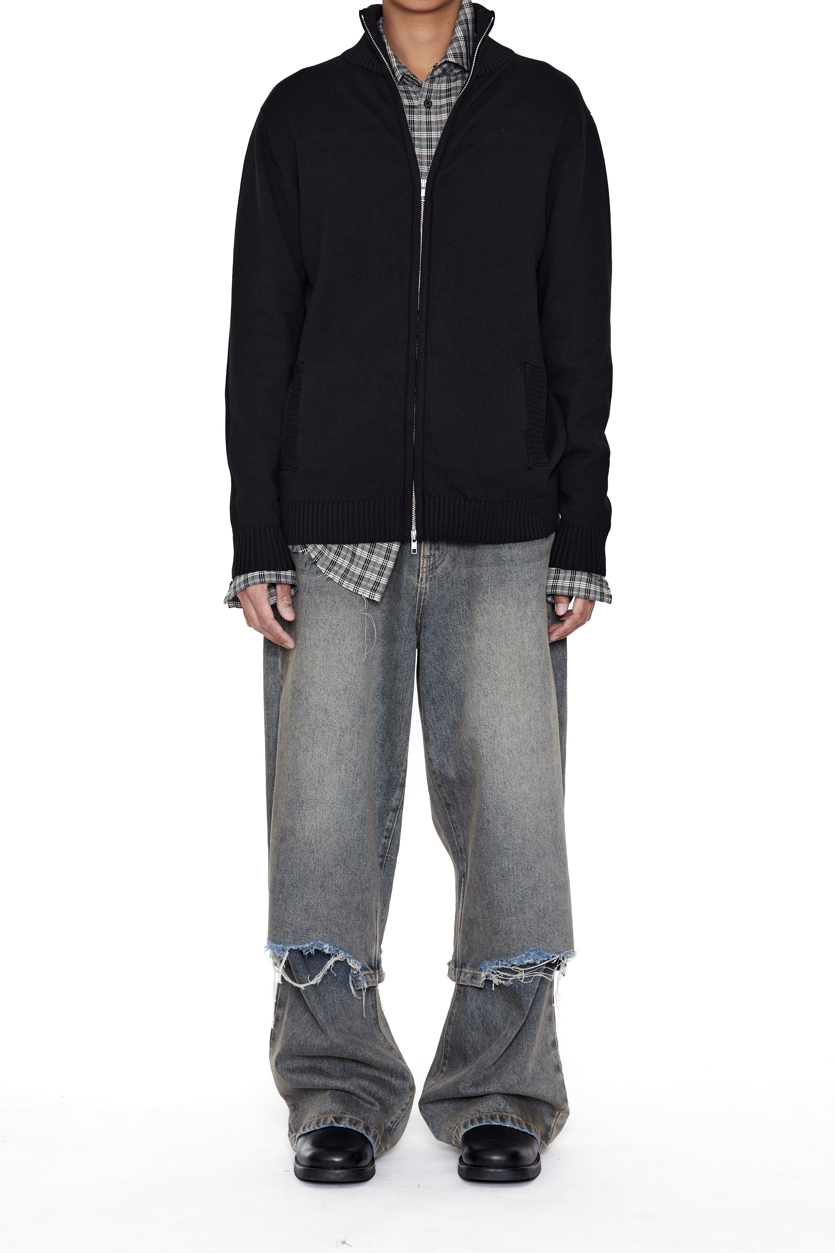 Load image into Gallery viewer, BLACK KNIT SHRUNKEN ZIP TRACK JACKET