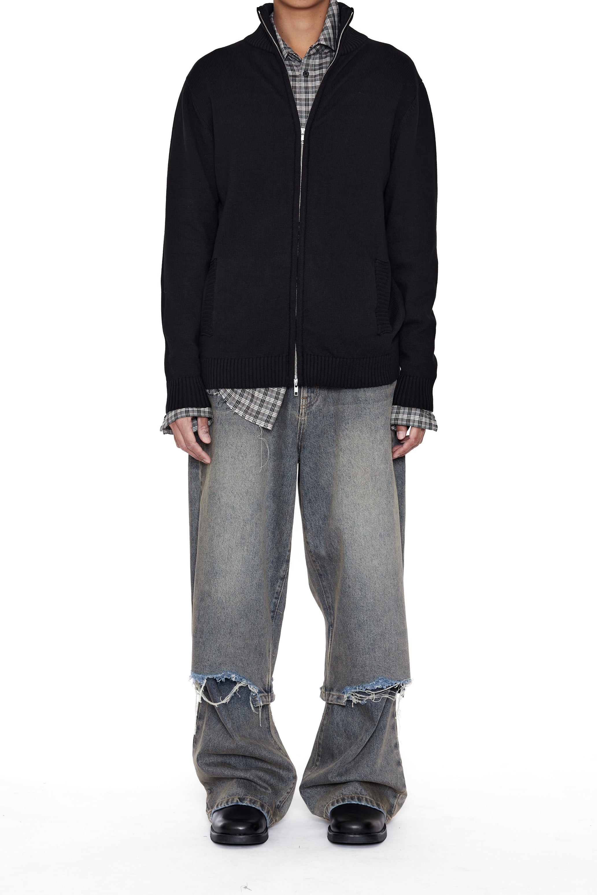 BLACK KNIT SHRUNKEN ZIP TRACK JACKET