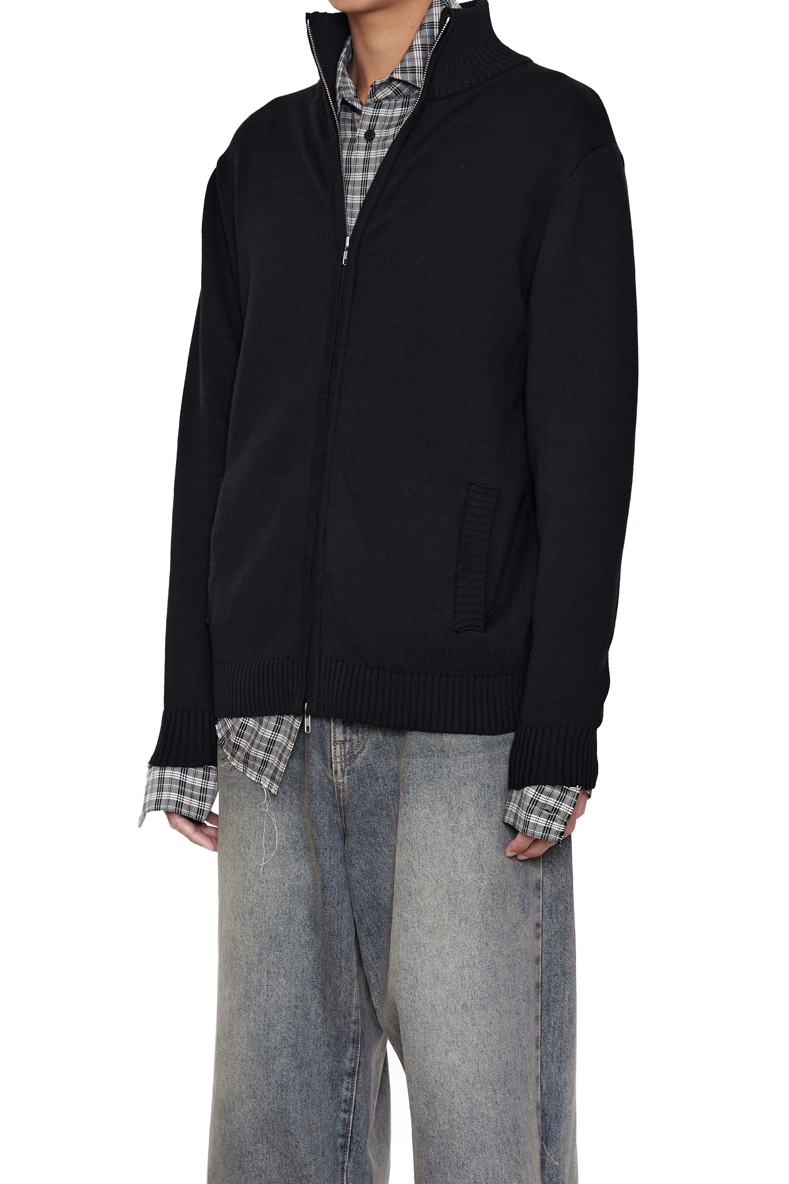 Load image into Gallery viewer, BLACK KNIT SHRUNKEN ZIP TRACK JACKET