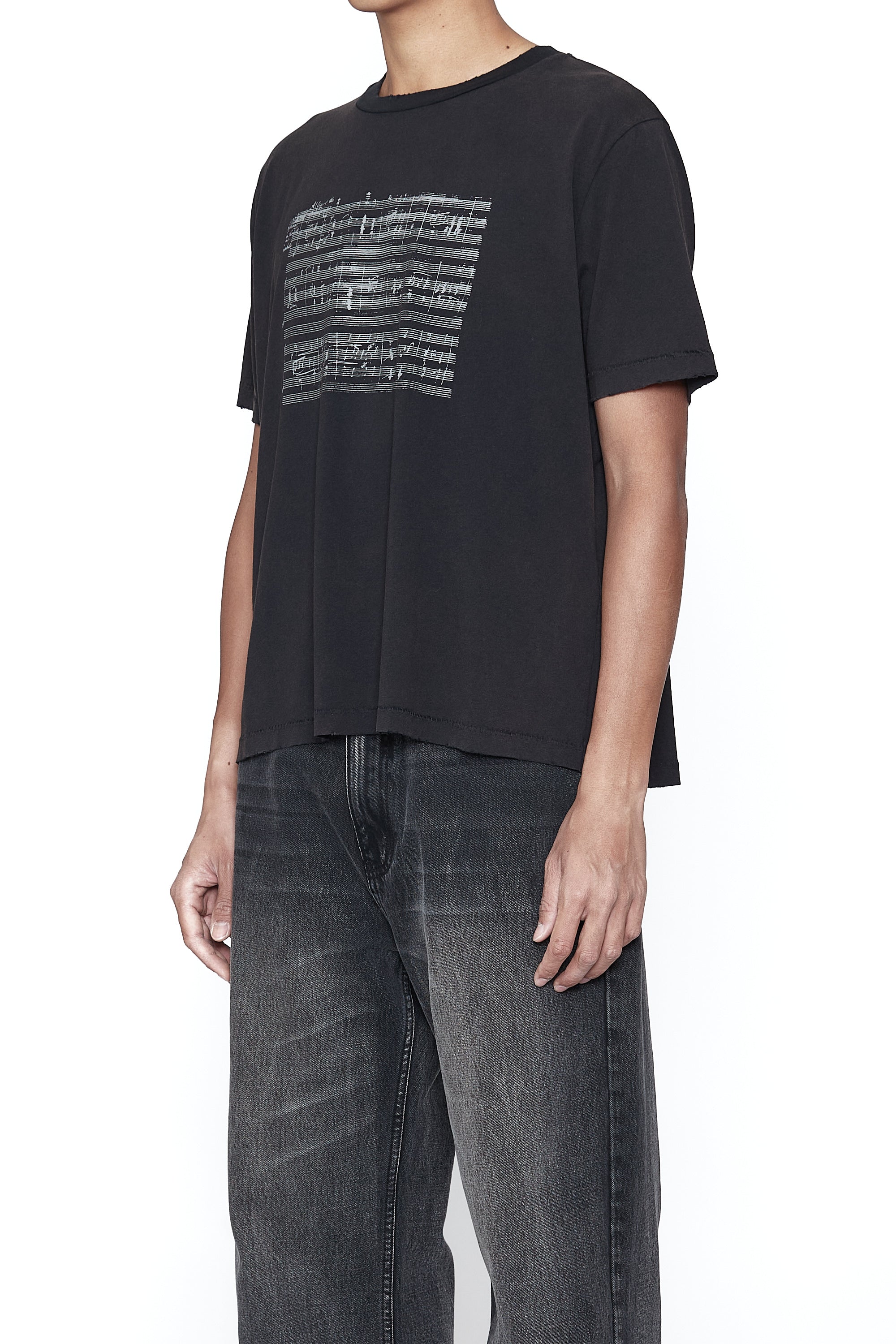 Load image into Gallery viewer, BLACK WASHED MUSIC SHEET PRINTED SS THRIFT CUT T-SHIRT