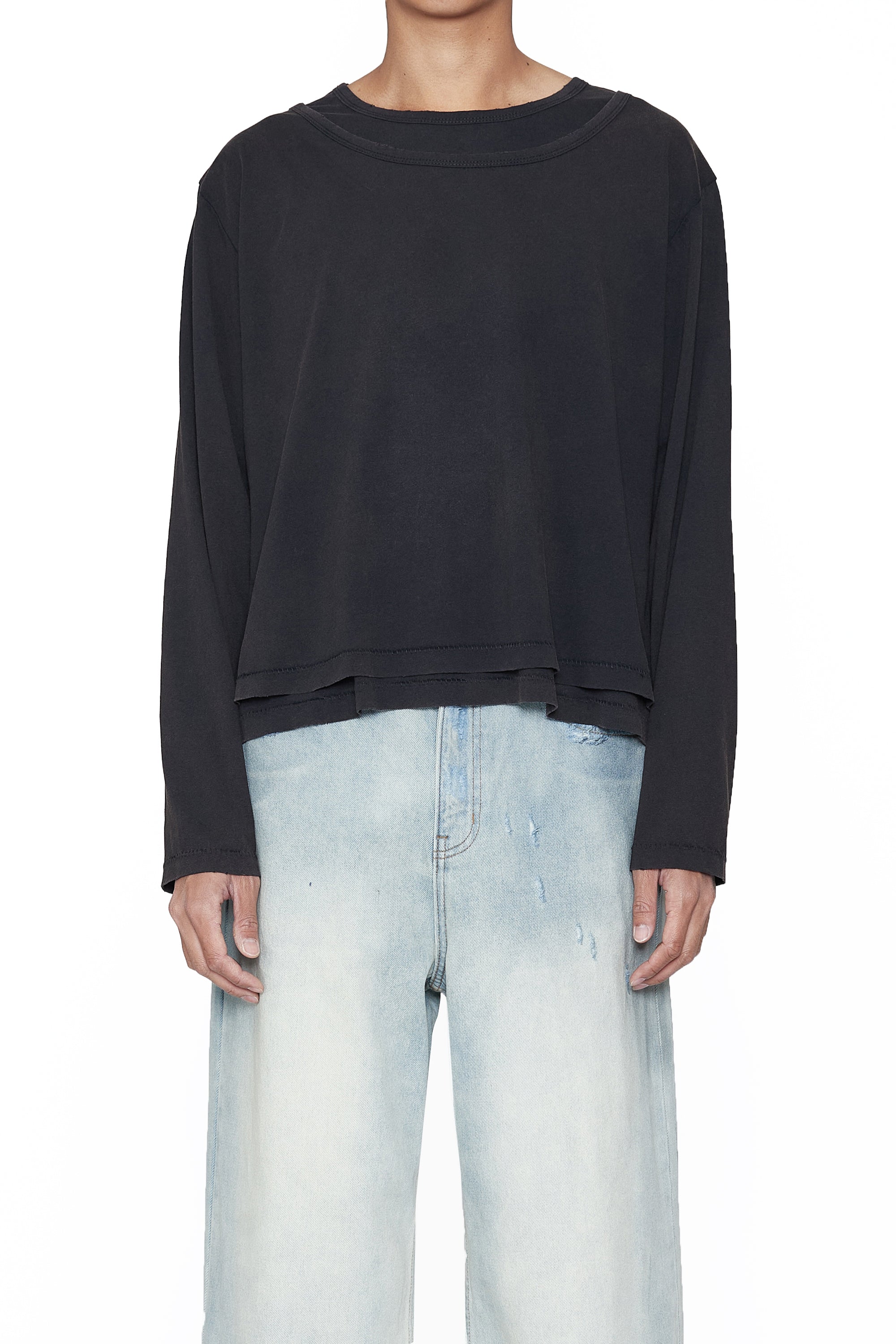 Load image into Gallery viewer, BLACK WASHED DOUBLE LAYER LS THRIFT CUT T-SHIRT