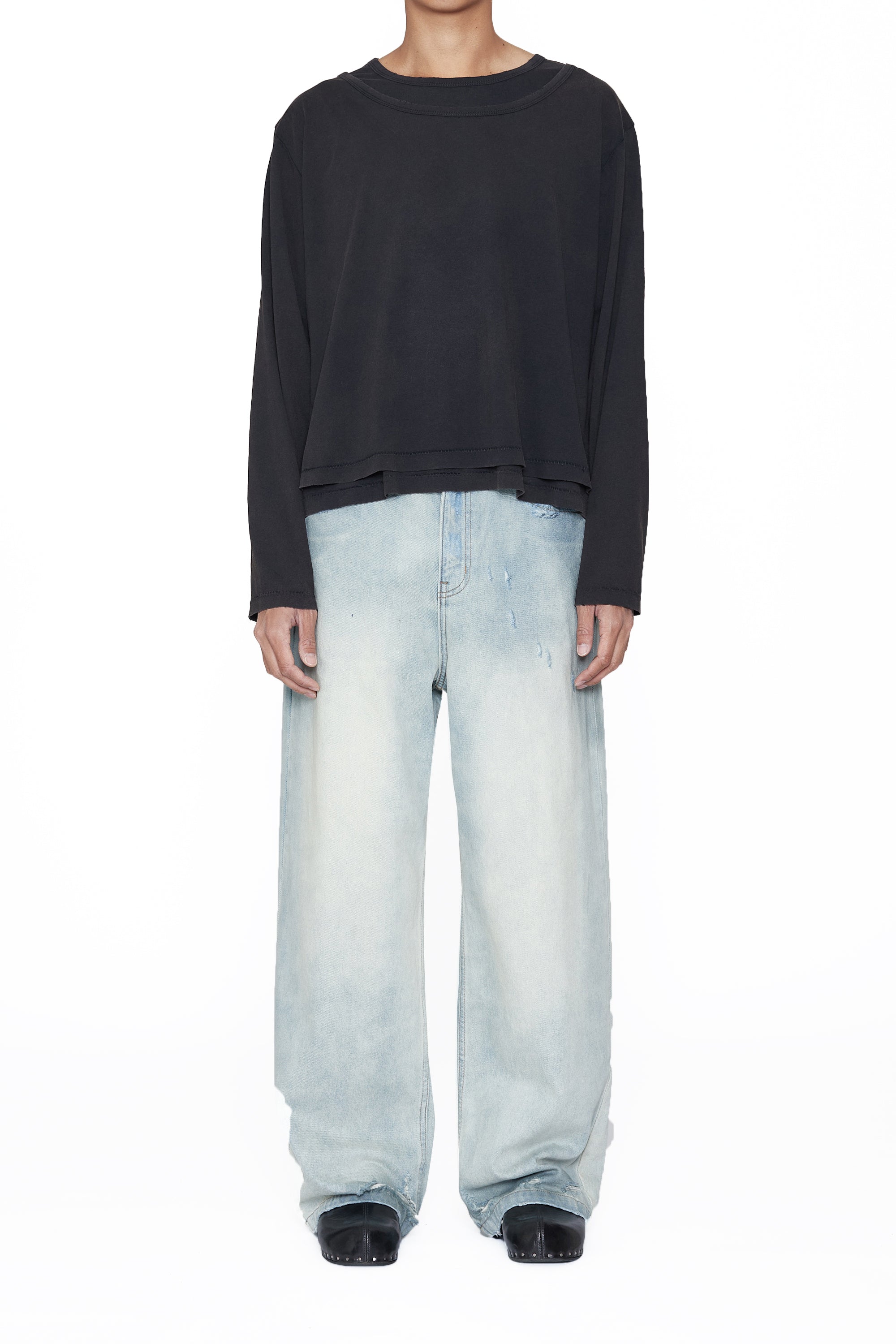 Load image into Gallery viewer, BLACK WASHED DOUBLE LAYER LS THRIFT CUT T-SHIRT