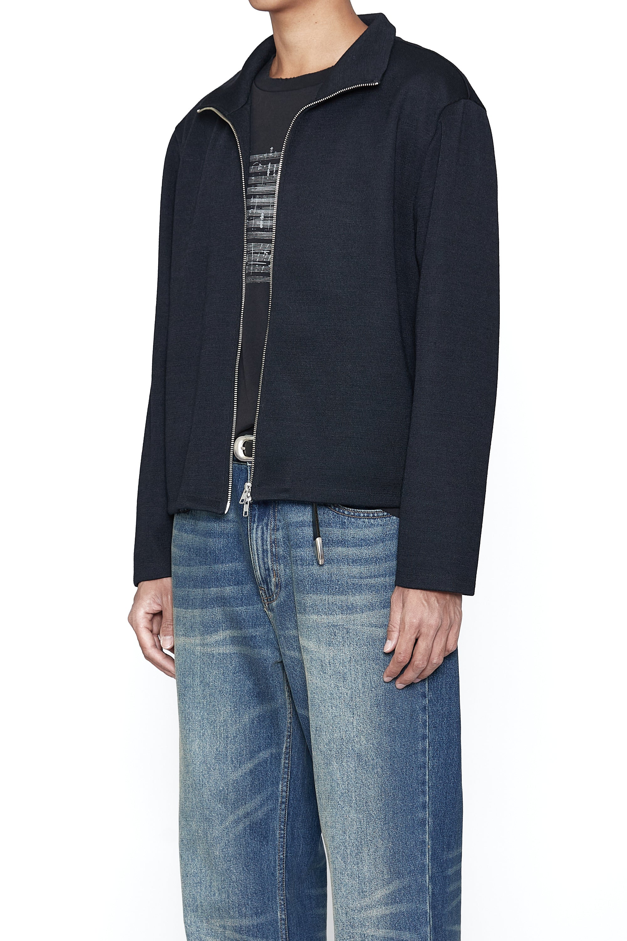 Load image into Gallery viewer, BLACK WOOL KNIT HIGH NECK ZIP DRONE JACKET