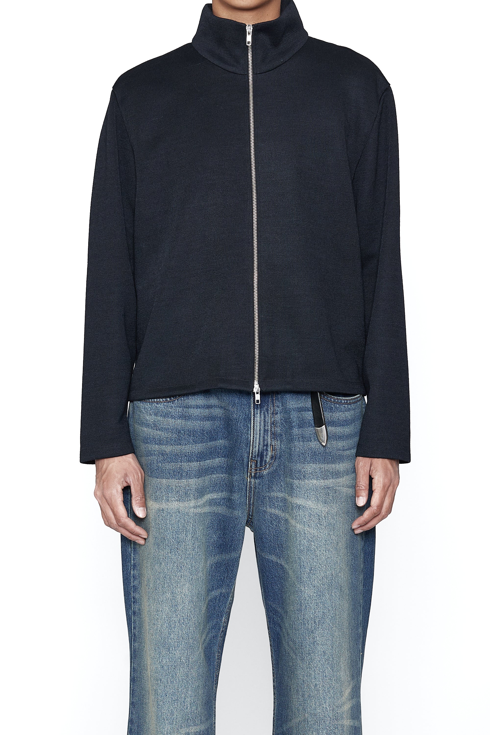 Load image into Gallery viewer, BLACK WOOL KNIT HIGH NECK ZIP DRONE JACKET