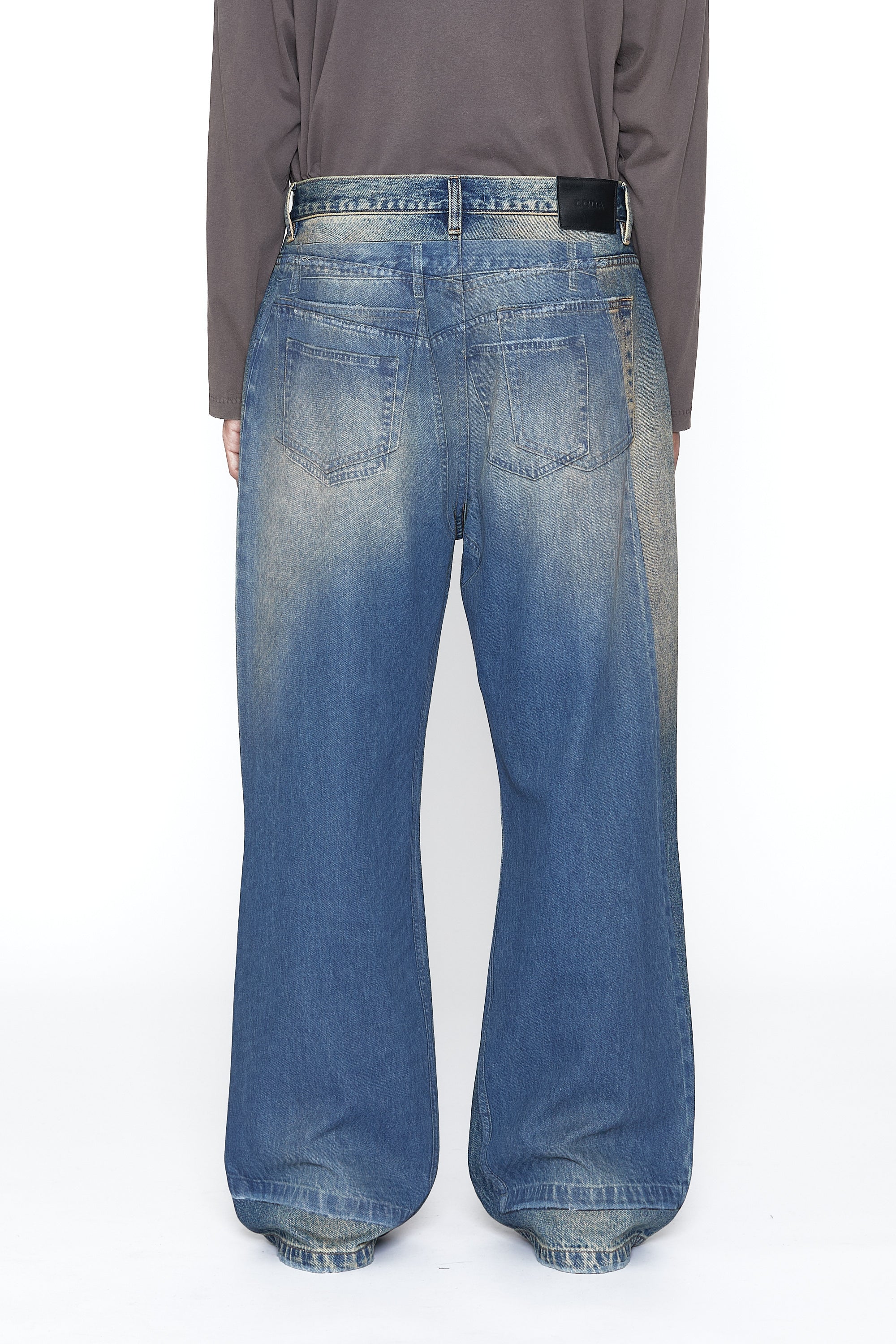 Load image into Gallery viewer, FADED DIRTY INDIGO WASHED DUAL EXPOSURE BREAK CUT FLARED JEANS
