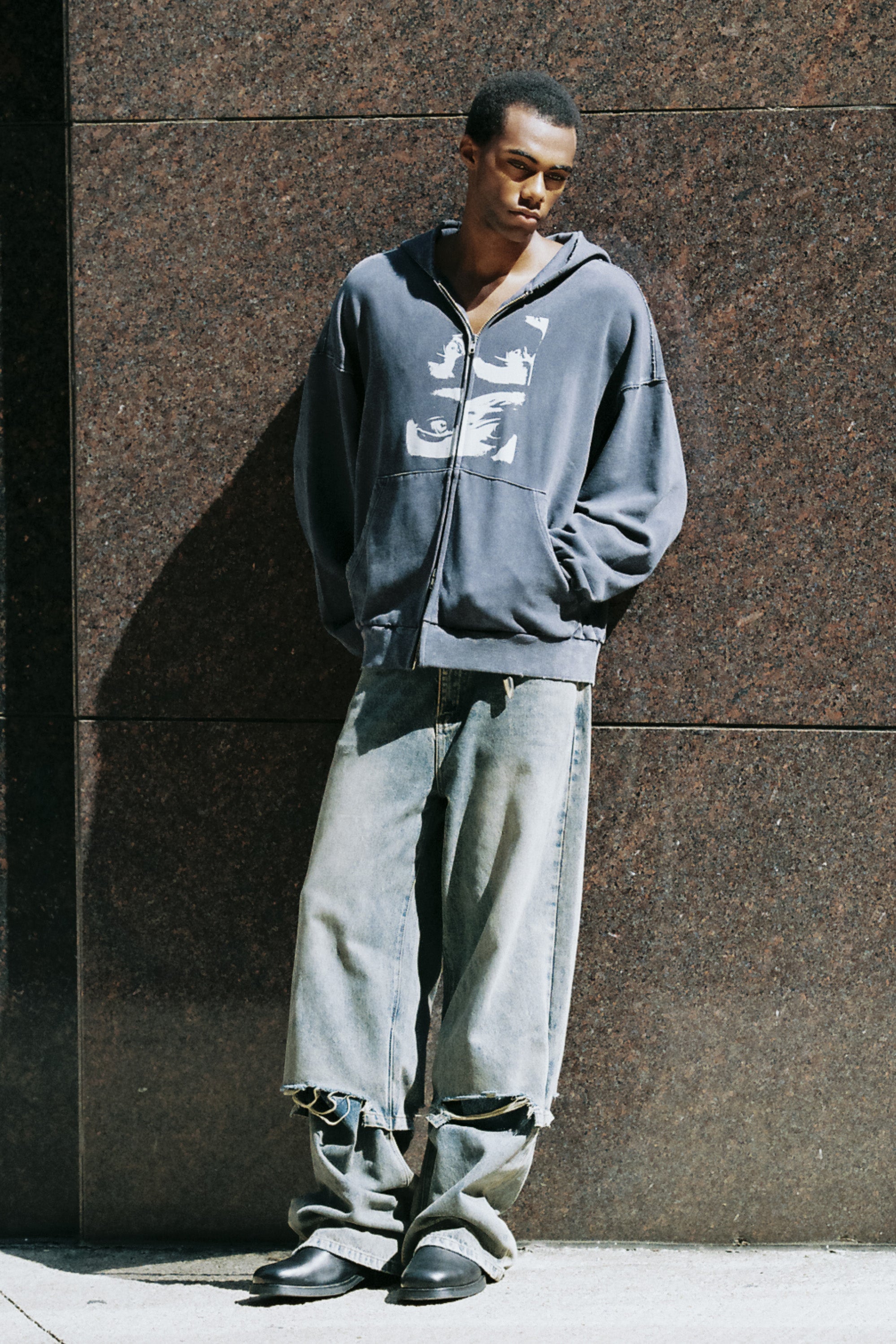FADED NAVY WASHED PRINTED DISTRESSED ZIP UP HOODIE