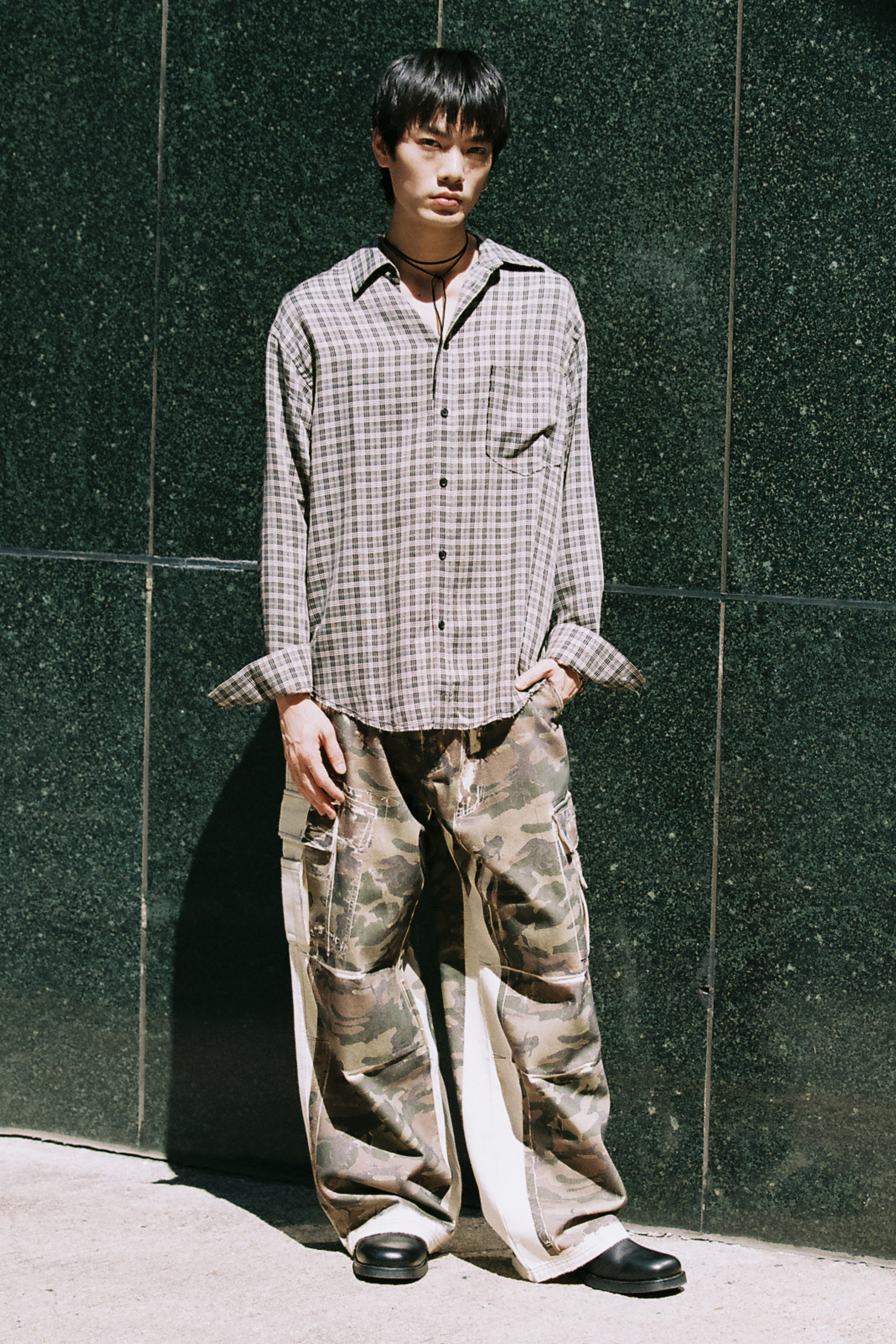 GREY CHECK VISCOSE RAW EDGES SHIFT SHIRT