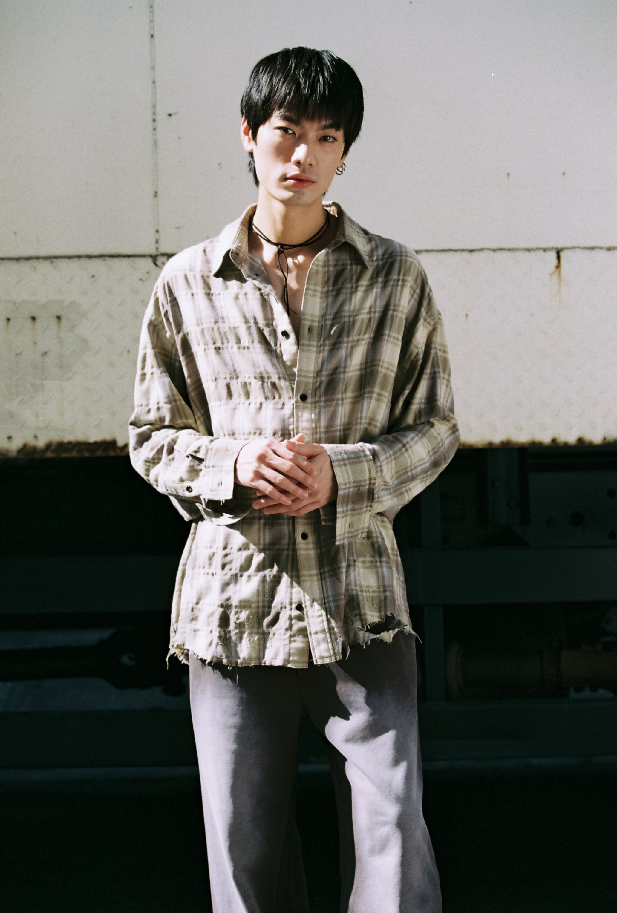 YELLOW BROWN CHECKED WASHED THRASHED STRUCTURED SHIRT