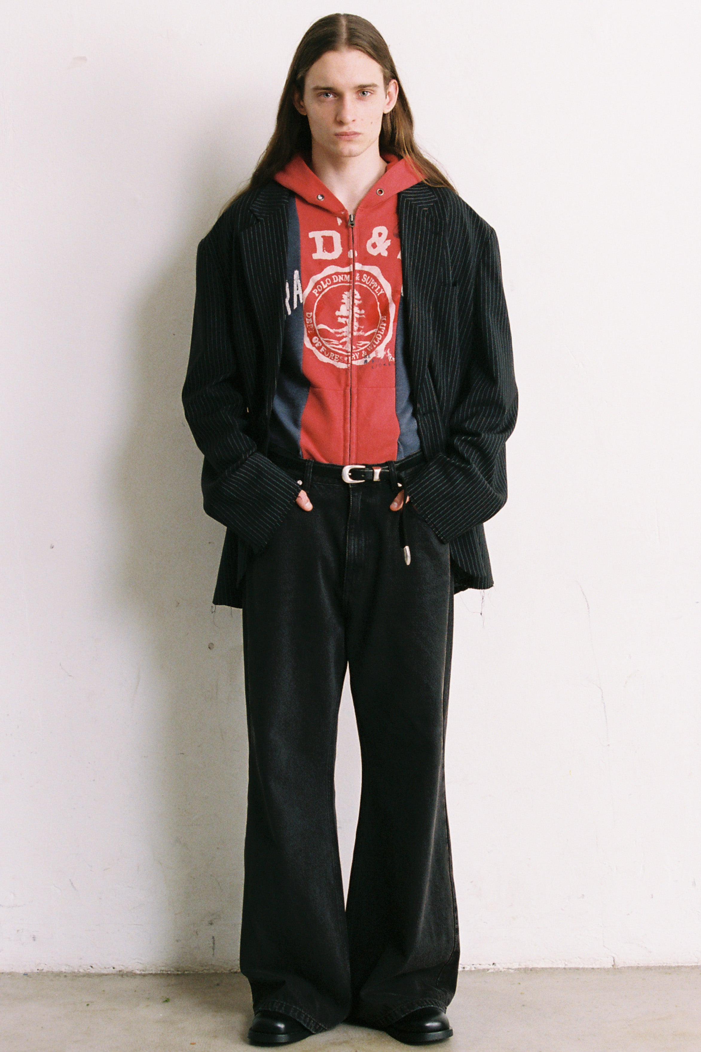 Load image into Gallery viewer, BLACK STRIPED WOOL POLY OVERSIZED DISTRESSED BLAZER