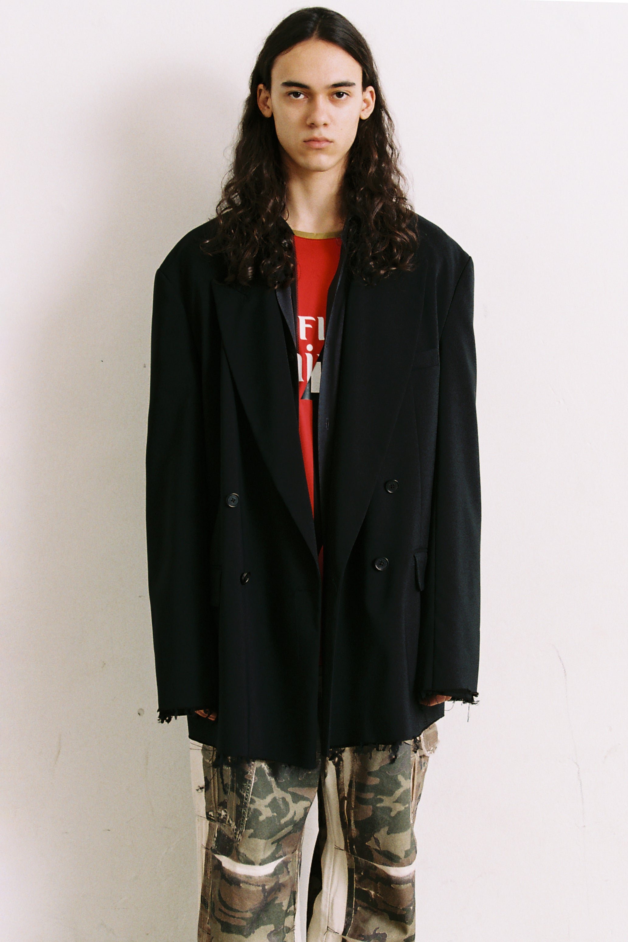 BLACK DISSOLVED DOUBLE BREASTED EXTENDED BLAZER