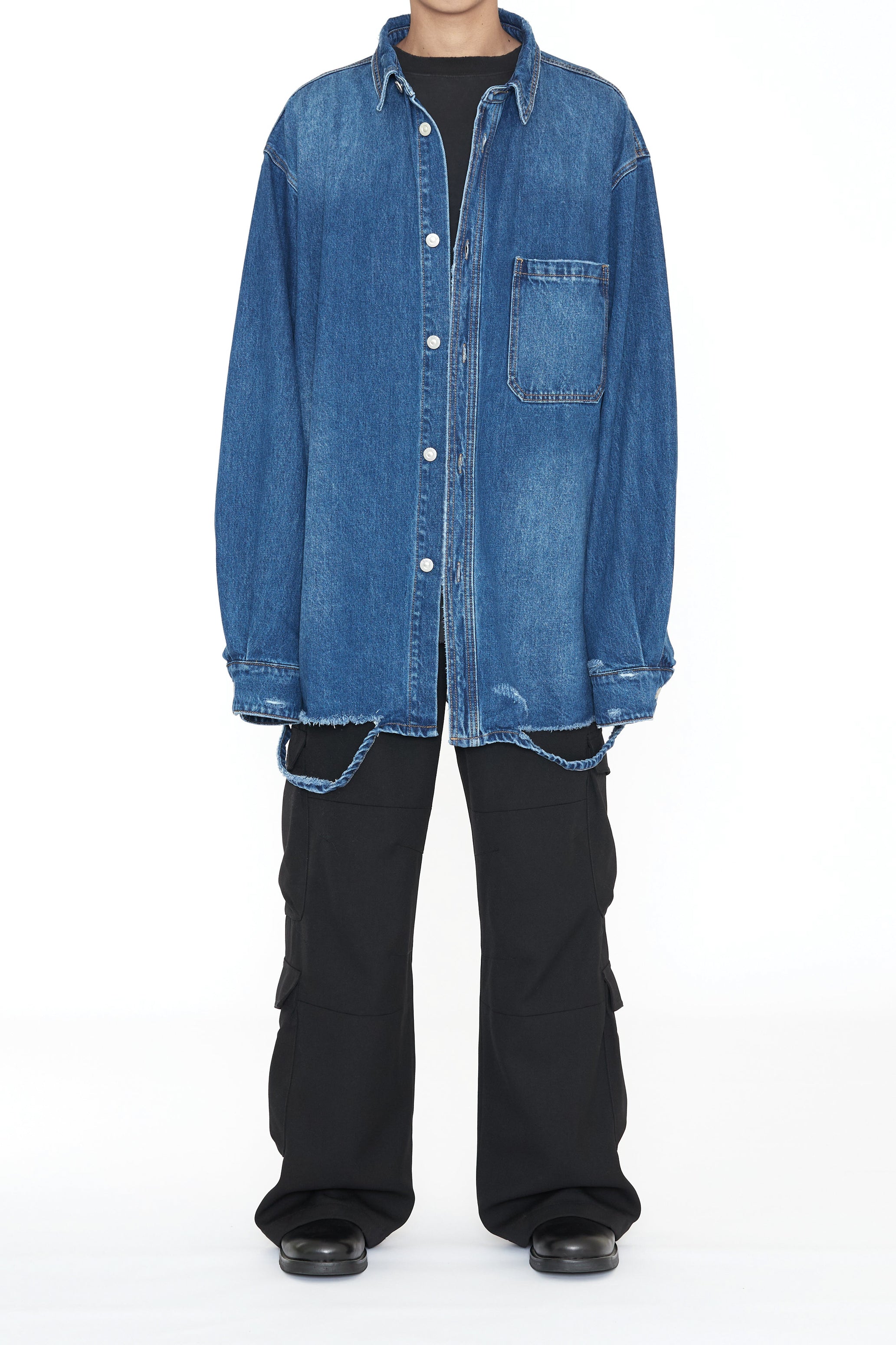 INDIGO DESTROYED AGING OVERSIZED DENIM SHIRT