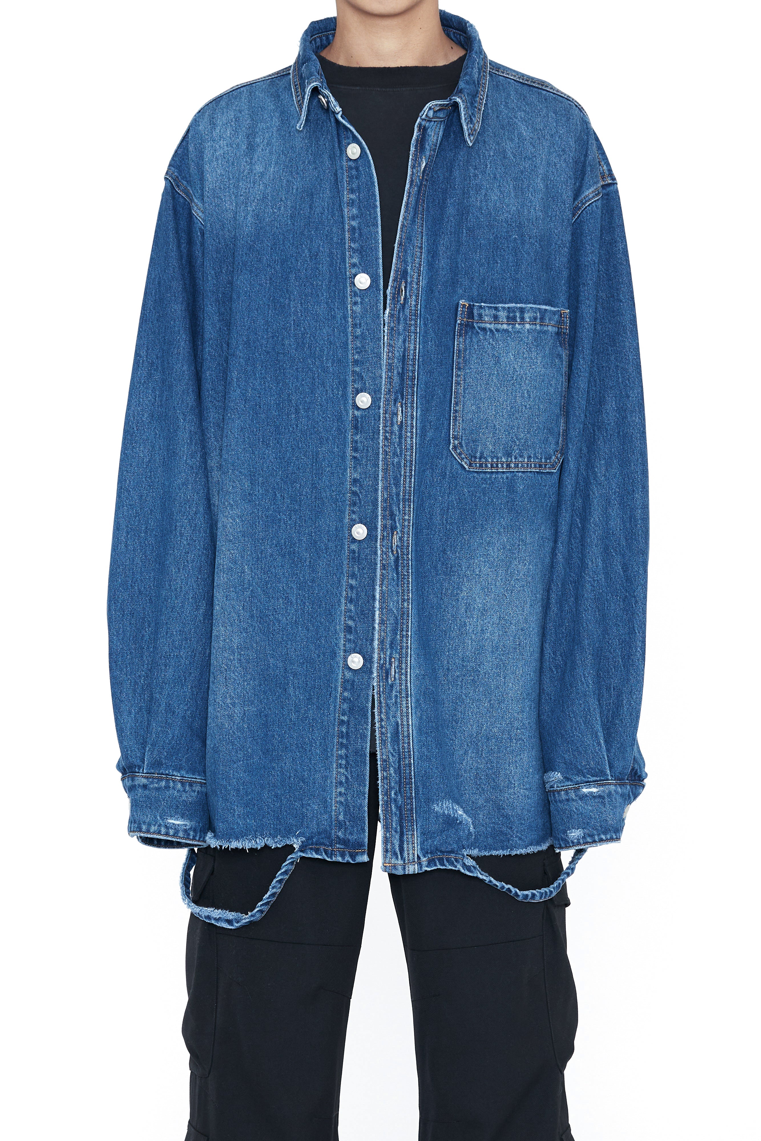 Load image into Gallery viewer, INDIGO DESTROYED AGING OVERSIZED DENIM SHIRT