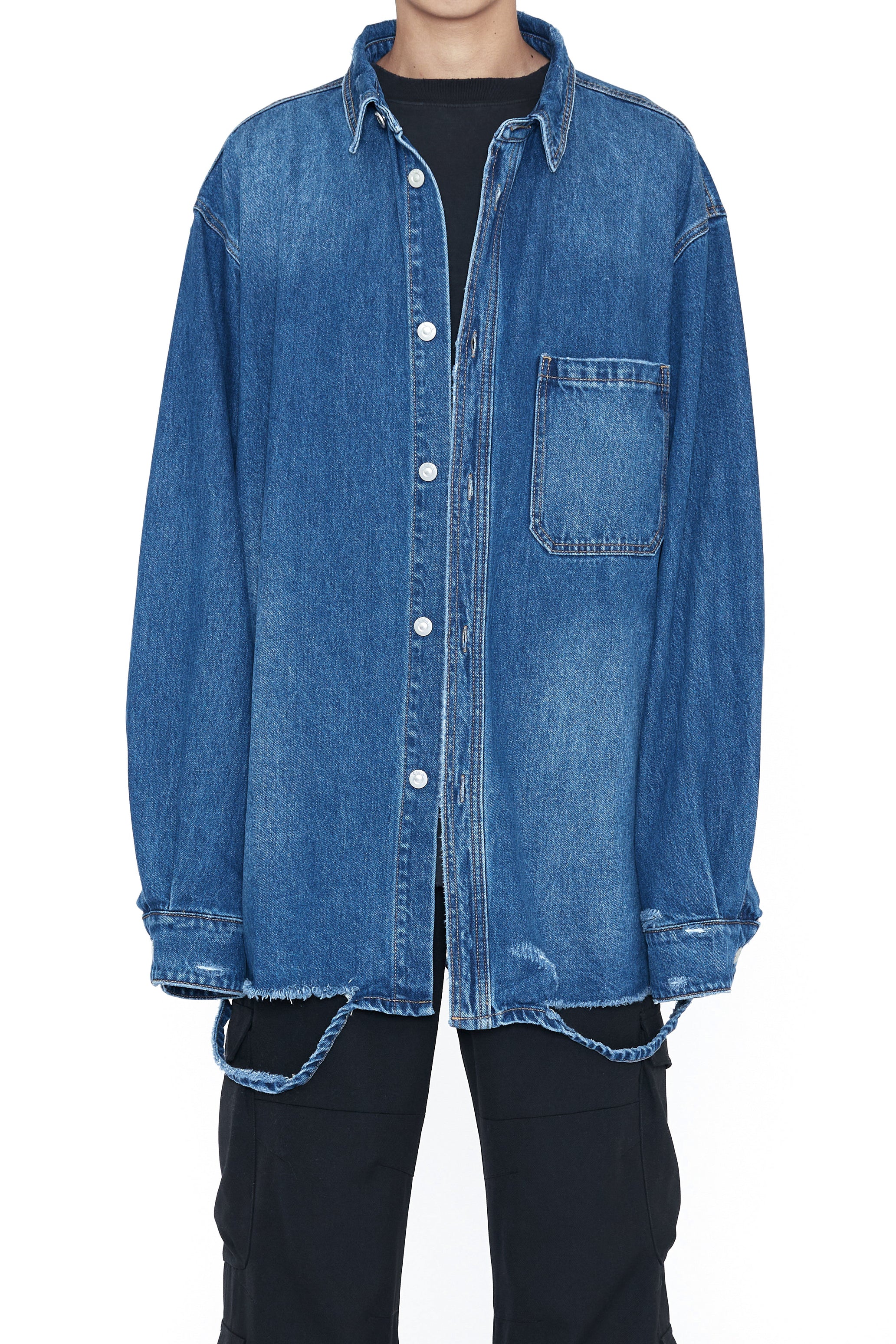 INDIGO DESTROYED AGING OVERSIZED DENIM SHIRT